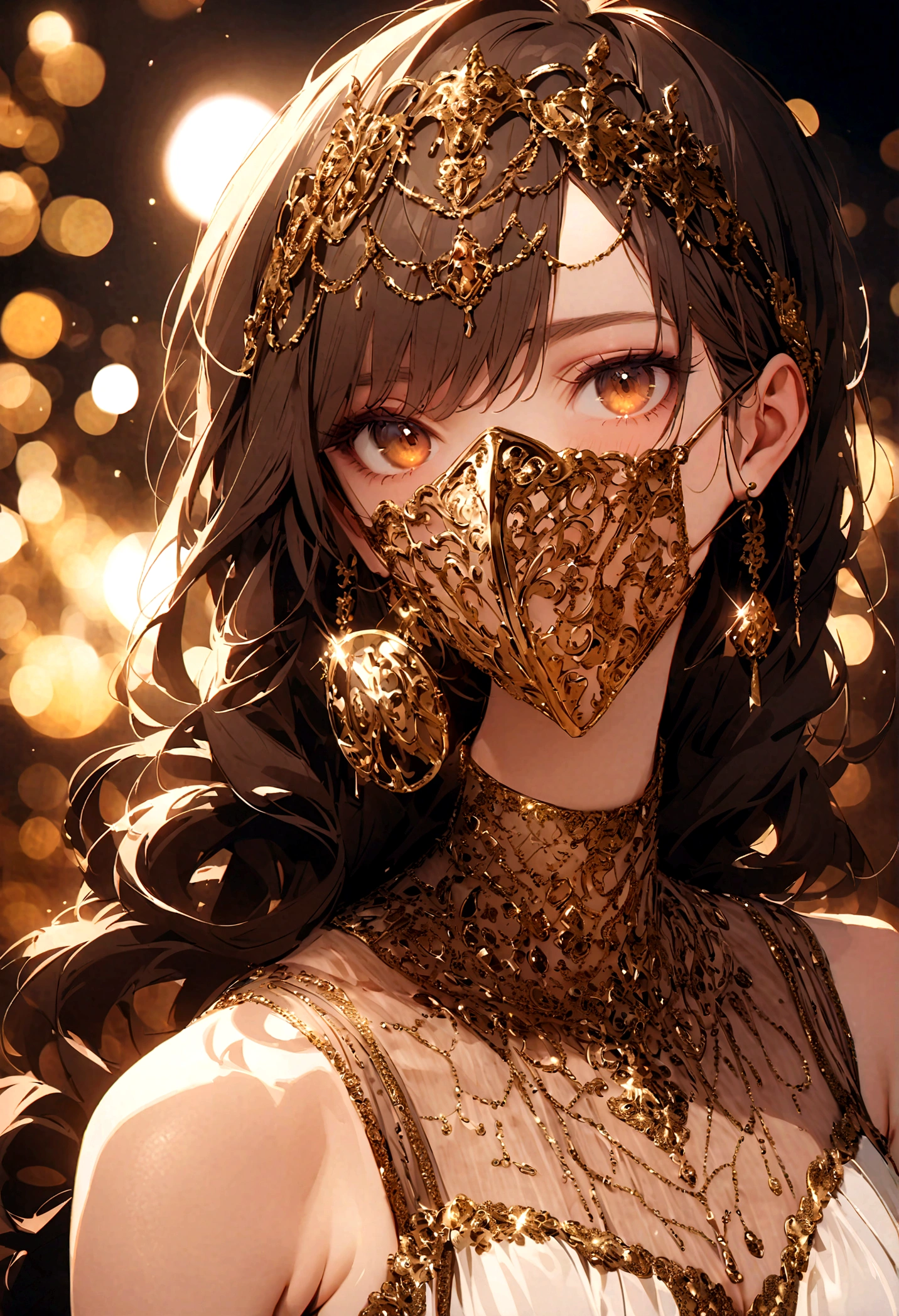 Supermodel，With long curly、fluffy、Flowing hair, Covered in gold (Translucent and beautifully embroidered) (Metal Surgical Mesh Mask) Cover your face, ((Mouth covered)), wearing strange future fashion, Luxurious and sophisticated gold decoration, photography, Complex details, Carefully crafted, meticulous, Gorgeous, Maximum details, Extremely aesthetic, Bokeh, Professional shooting