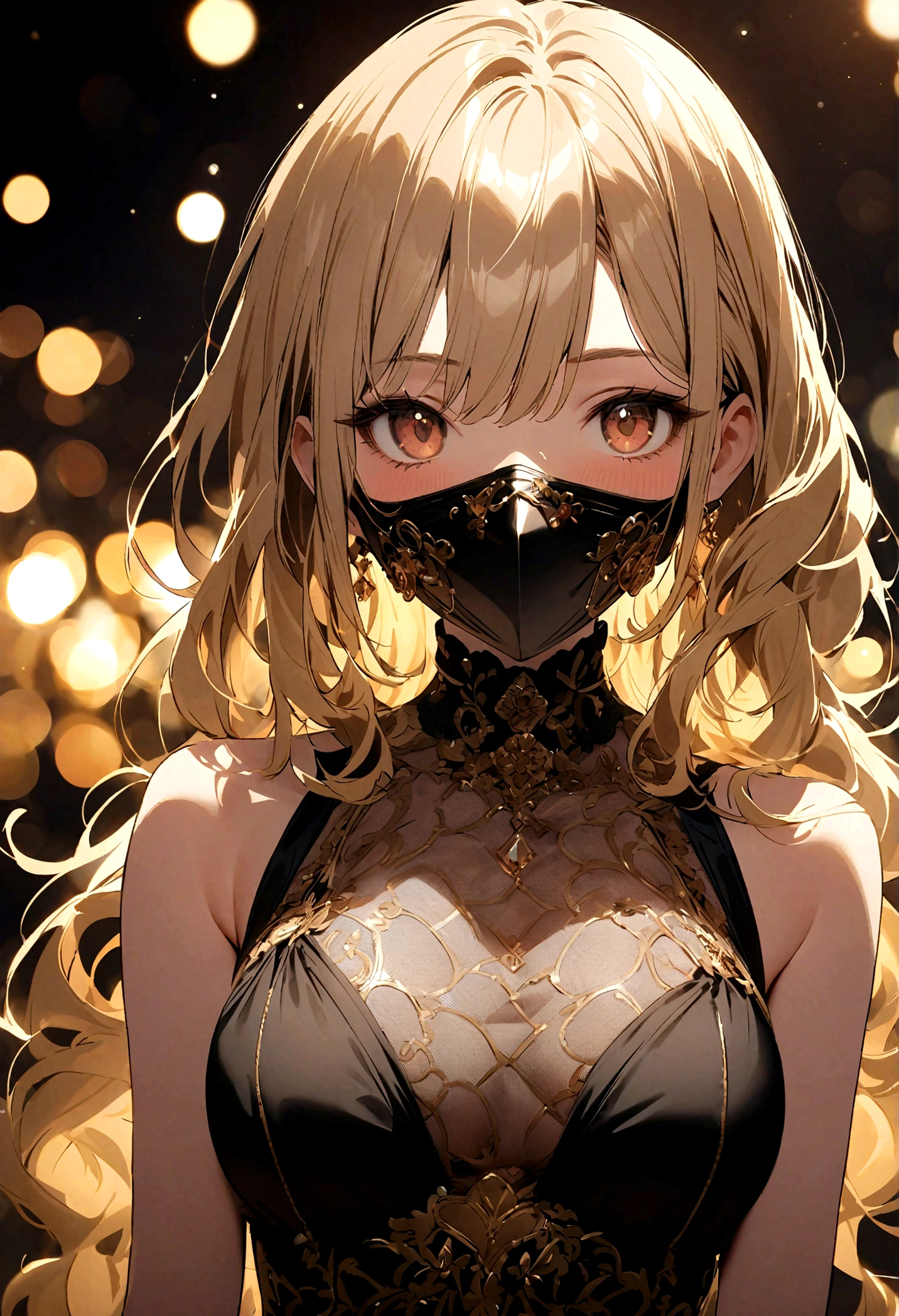 Supermodel,With long curly、fluffy、Flowing hair, Covered in gold (Translucent and beautifully embroidered) (Metal Surgical Mesh Mask) Cover your face, ((Mouth covered)), wearing strange future fashion, Luxurious and sophisticated gold decoration, photography, Complex details, Carefully crafted, meticulous, Gorgeous, Maximum details, Extremely aesthetic, Bokeh, Professional shooting
