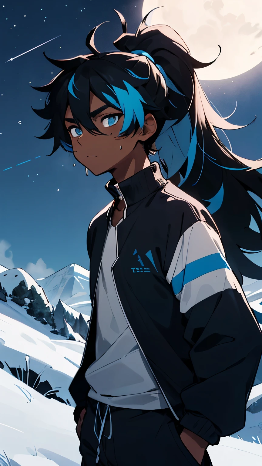 Young male, dark skin, black hair with blue highlights, messy hair, long hair, hair with ponytail, dark blue eyes, black long-sleeved high-neck blouse, black sweatpants with blue details, on a mountain at night
