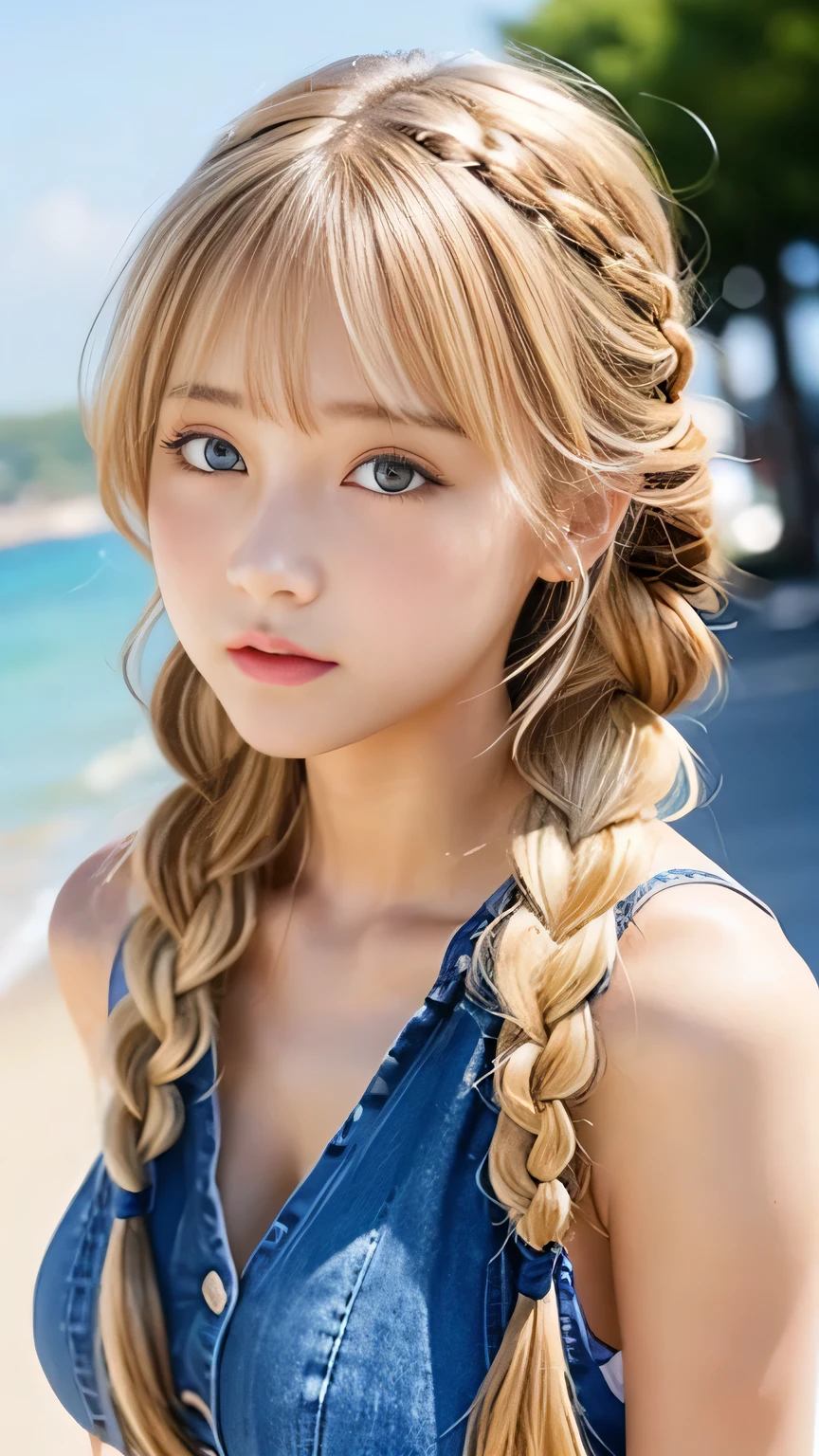 Sexy Big 、Sexy cute looks and cute 15 year old beautiful girl, beautiful and sexy face、A strong wind blows my hair in front of my face、beautiful long blonde French braided hair、beautiful, Cute and sexy eyes hidden behind long bangs、Yawn、
