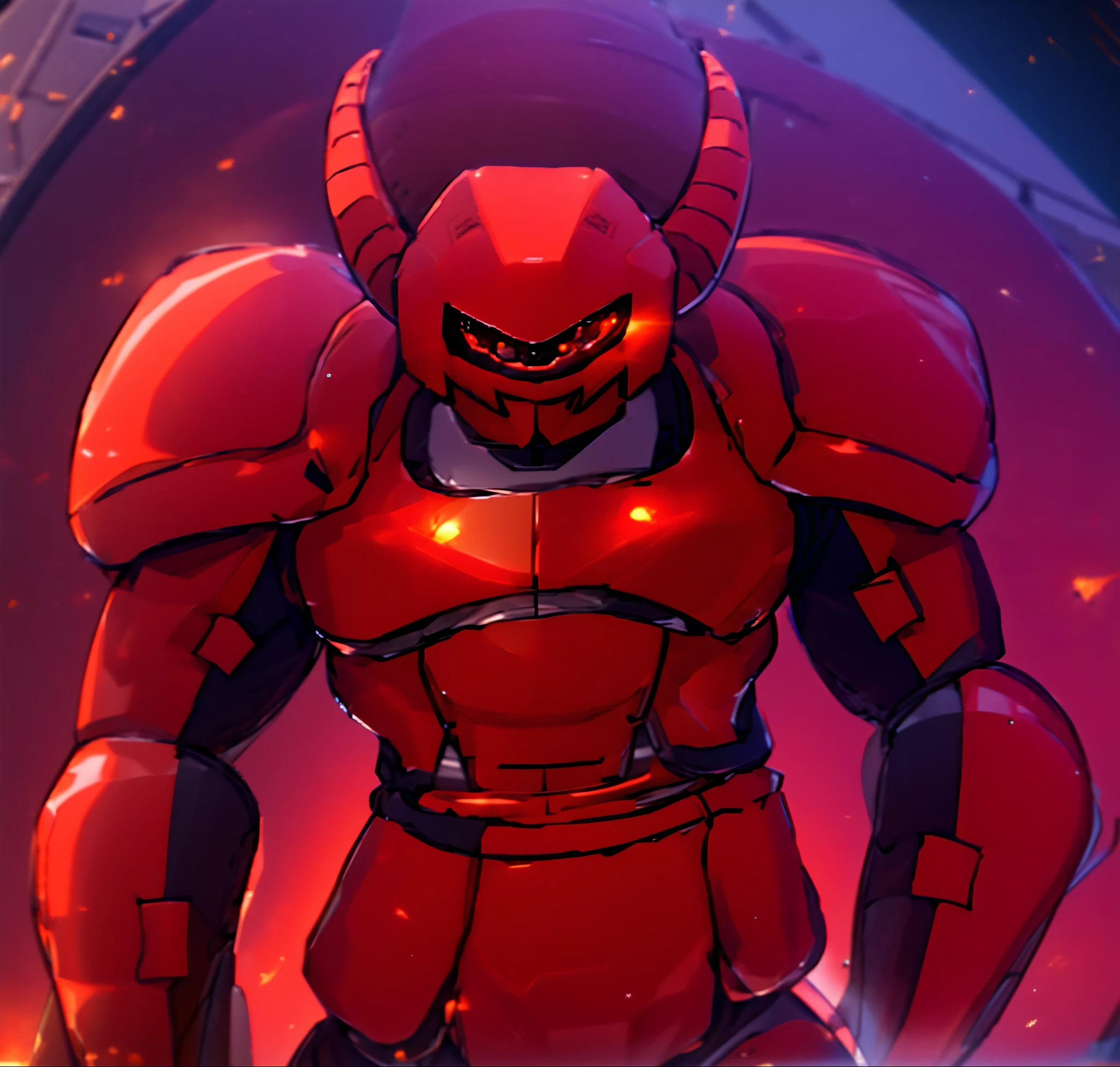 Robot, red mono eye, red body, high quality, golden horns on head, heavily armored,Robot, red mono eye, red body, high quality, golden horns on head, heavily armored, reddish-black shoulders, arm armor is an austere shade, sunset background,