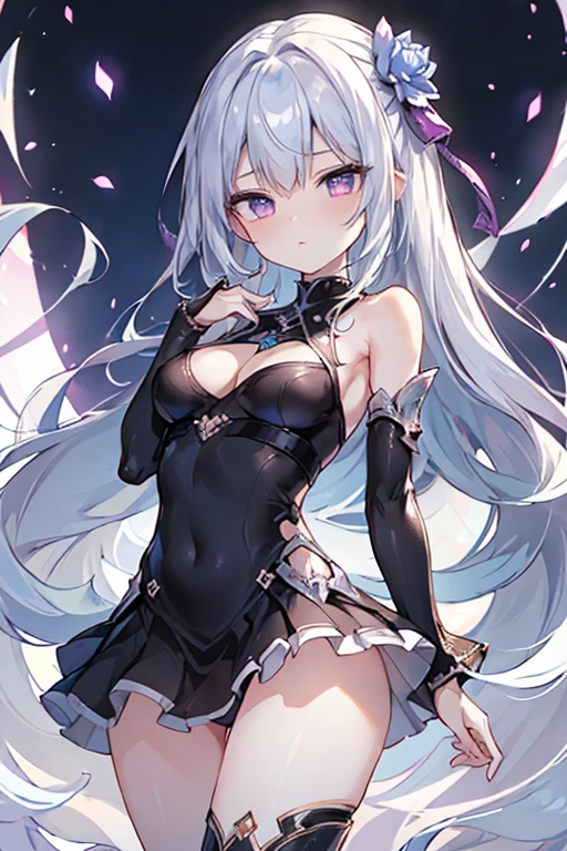 1girl, anime, cute girl, blank background, white background, fantasy, detailed fantasy dress with highlights, beautiful face, beautiful eyes, dark colors, black hair with multicolor streaks, red eye with different color pupil in eye, multicolor eye, medium breasts, slight cleavage, beautiful skin, cute, breast curtains, extremely delicate and beautiful, (beautiful detailed face:1.0), (detailed deep eyes), symmetrical breasts, deep eyes, shiny skin, portrait, slender waist, hips wider than shoulders, thighs, expressionless, young girl, luminous eyes, adorable,(Kpop idol),(aegyo sal:1),(Platinum blonde hair:1),((puffy eye)),Black panty,sexy posture,Superskirt, Ultra-high resolution,Black collar,slim figure, Abdominal y tattoo, womb tattoo,Tight-fitting leg ring,y tattoo on half-body,Bare skin, Armored hand,Hidden fingertips,Hand covered,Arm covered,Fist covered,{{beautiful detailed fingers}}, tufts of hair, moderate beautiful breast:1.0,(masterpiece:1.2), best quality, high-res, HDR, perfect face, intricate armor, delicate blue filigree, intricate filigree, red metalic parts, detailed part, dynamic pose, dynamic lights, cute face, neutral expression, shuimobysim, lotus, hanfu, maxi skirt, dress conservatively 1girl, solo, long blue hair, standing, One lady,years,((White hair) ,(Shiny purple bodysuit with microskirt),((Fantasy, Moon Night)), gradient_eyes,