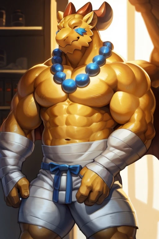 by null-ghost,by bna v5, by canyne khai, by milkytiger1145,masterpiece, high quality, absurd res, digital painting \(artwork\). soft lighting,kemono,bandage wrist, bandage shorts,presenting armpit,
detailed eyes, volumetric lighting, amazing, finely detail,dragon garr,wing,necklace,red_horn,yellow body,pecs, abes,nude, muscle ,smile, straight-on,one eye closed