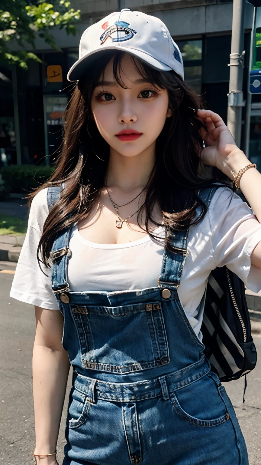 Masterpiece, Best Quality, ultra detailed, 1 girl, solo, perfect bright lighting, wearing Denim overall dress worn over a graphic bodysuit, Add a baseball cap, mini backpack, and layered chain necklaces, outdoor, full HD, 8k