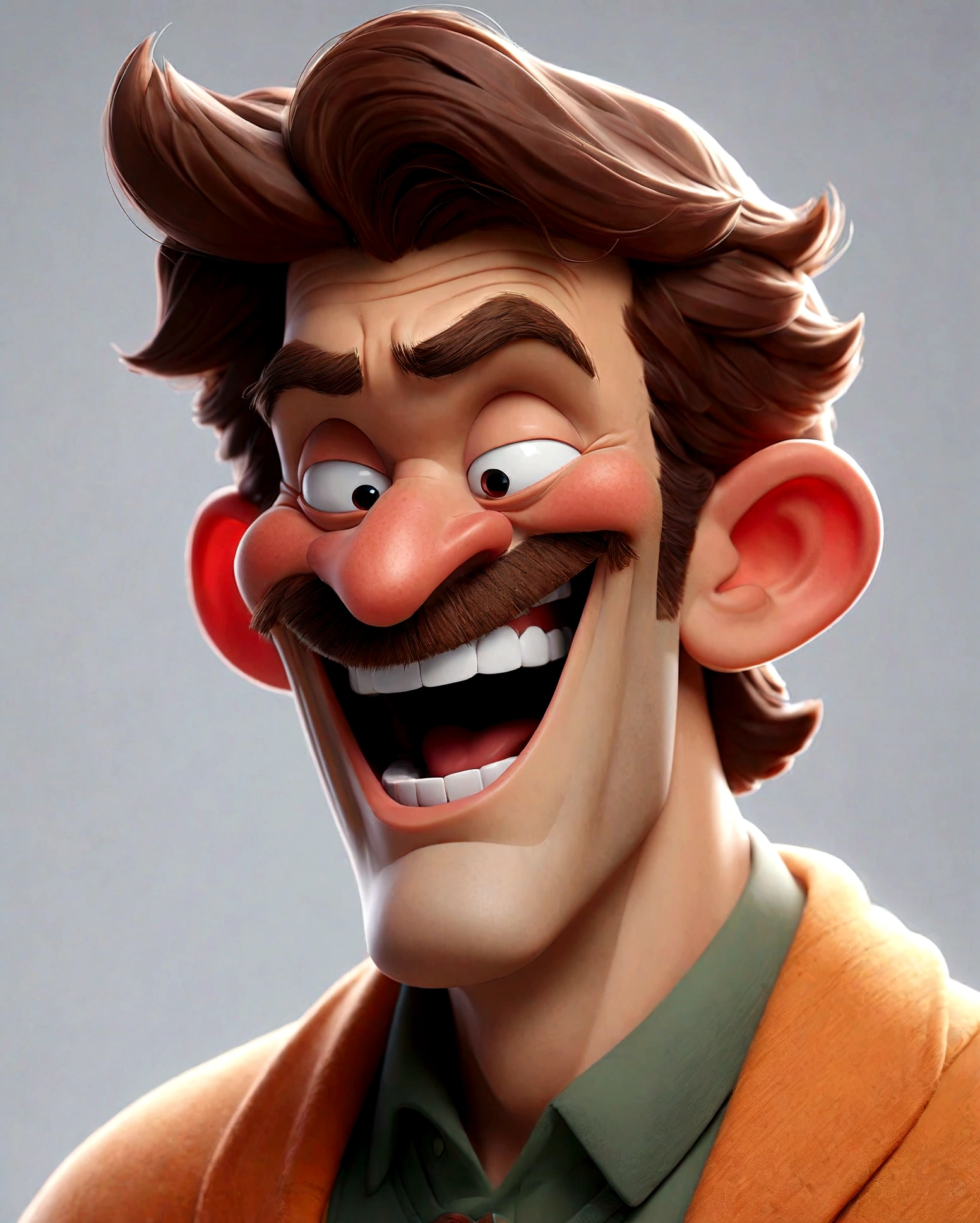 Illustration of smiling man, sorriso insano, Homem de pele marrom com um sorriso gigante, smiling happily at the camera, sorriso atrevido, he is smiling, sorriso muito grande, Macho sorridente, foto de perfil headshot, rindo sorriso enorme, desenhando no estilo de Arte 3D, c4d, fundo de cor branco puro, estilo disney, estilo pixar render ilustracao Super Detalhe, 8K