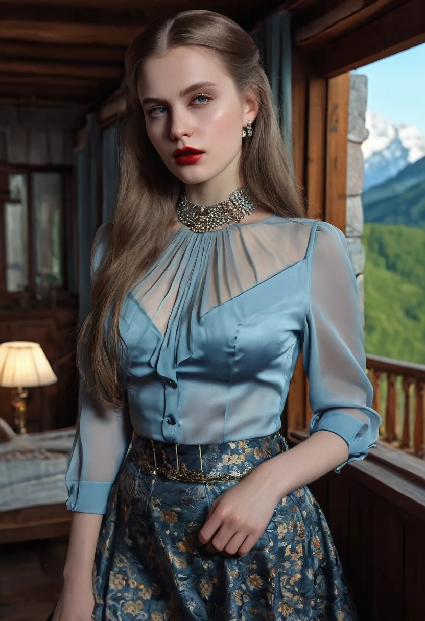 (1girl, immaculate Danish beauty, elegant vampire, stunning, charismatic, melancholic. pensive stance). wearing well-fitted elegant blouse and skirt, accessories, sheer fabric, luxurious fabric, metals, jewels. hyperdetailed masterpiece, best quality, 8k, texture. ((realistic pale clean skin, beautiful hyperdetailed face, flushed face, very long lustrous silky hair, loveliest captivating eyes, aroused expression, ideal body figure, best anatomy, nice natural breasts, cleavage, fashionable)) (((1900s, Europe, mountain chalet, evening, lustful color scheme, professional, hyperdetailed background))) ((optimal cinematic shot, full shot, optimal realistic lighting, natural light, best shadows, best light, optimal depth of field)) (anisotropic filtering, ray tracing, texture.) ((((sensual, sweet, innocent, lustful, beauty, well-fitted, well-dressed, juicy, spicy))))