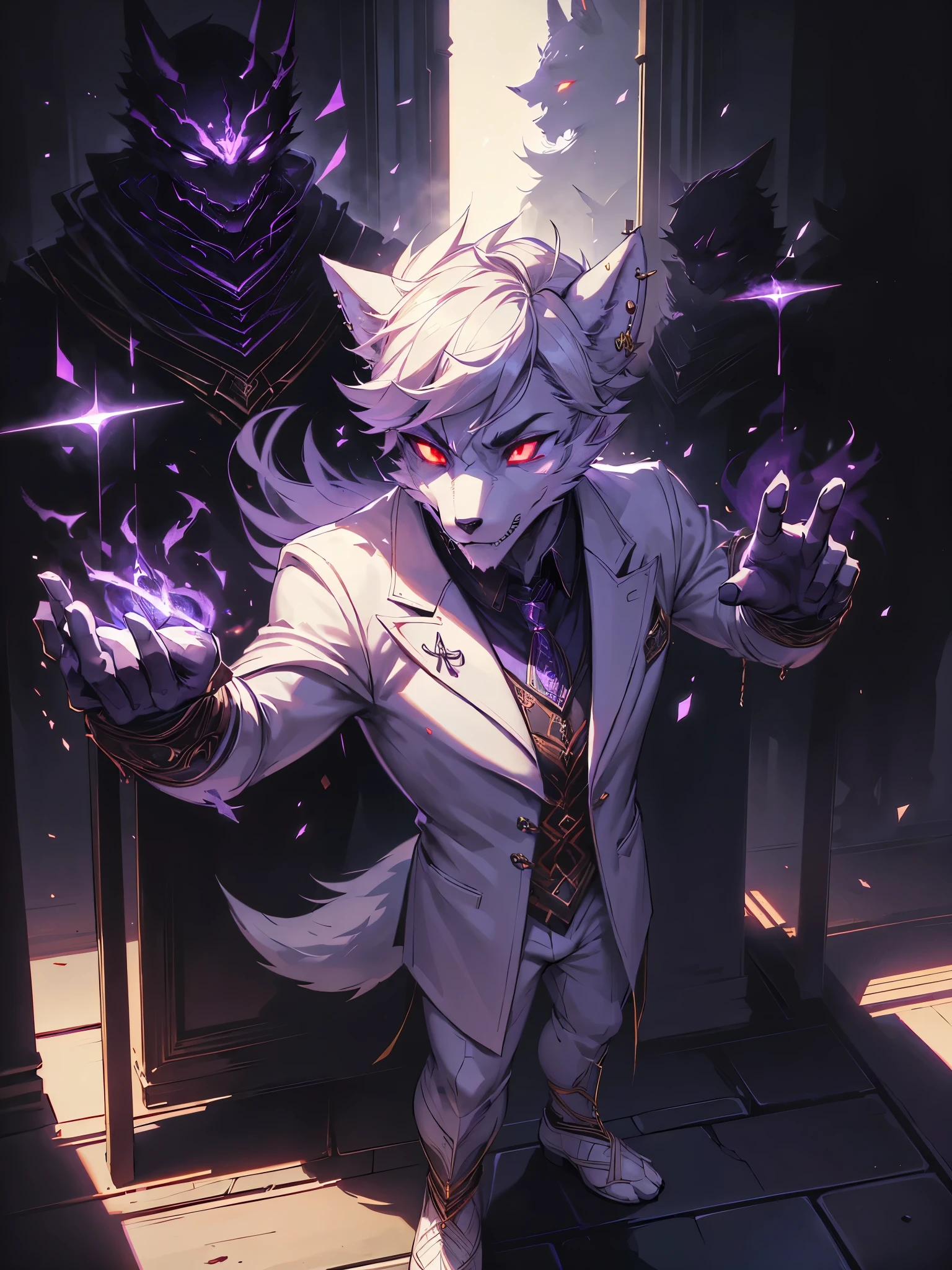 male, furry, wolf anthro, solo, white fur, red eyes, standing pose, ((random action pose)), ((detailed face)), (Realistic eye details 1.2), business suit wear, Character focus, (((ears pierced))), ((athletic build)), Broad shoulders, abs, ((Full body)), Masterpiece, dramatic lighting, soft lighting, day, highly detail, Hair coiled, (((Shadow Magic))), ((eyes in shadows)), 