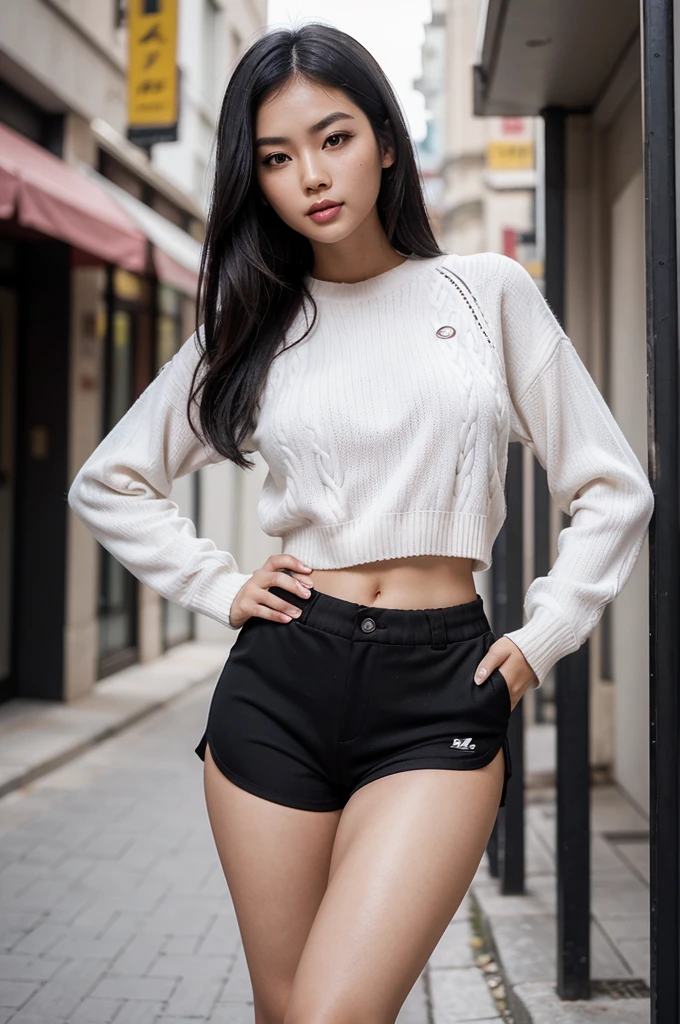 1woman, woman, asian woman, woman, hot woman, asian/Philippines model, beautiful, model, sport shorts, girly shorts, running shorts, casual woman shorts, sweater, cute female sweater, sweater, great figure, perfect proportions, black hair, long black hair, long beautiful black hair, white eyes, perfect beautiful white eyes, detailed white eyes, majestic woman great figure, asian/Philippines, asian woman, light pink lipstick, perfect face, cemeterial face, great body, beautiful body perfect face with white eyes black hair light pink lipstick asian/Philippines,casual clothes, sport shorts, girly shorts, running shorts, casual woman shorts, sweater, cute female sweater, sweater, asian woman, (Thick body, great figure) BREAK highly realistic, perfect image, realistic image, photorealistic, real image, real photo 8k image, high-resolution. [perfect hands, perfect legs, perfect proportions, perfect face, woman] asian woman, beautiful asian woman (white eyes, beautiful white eyes, detailed white eyes) *black hair* *white eyes* *sportshorts for woman* *oversized sweater*
