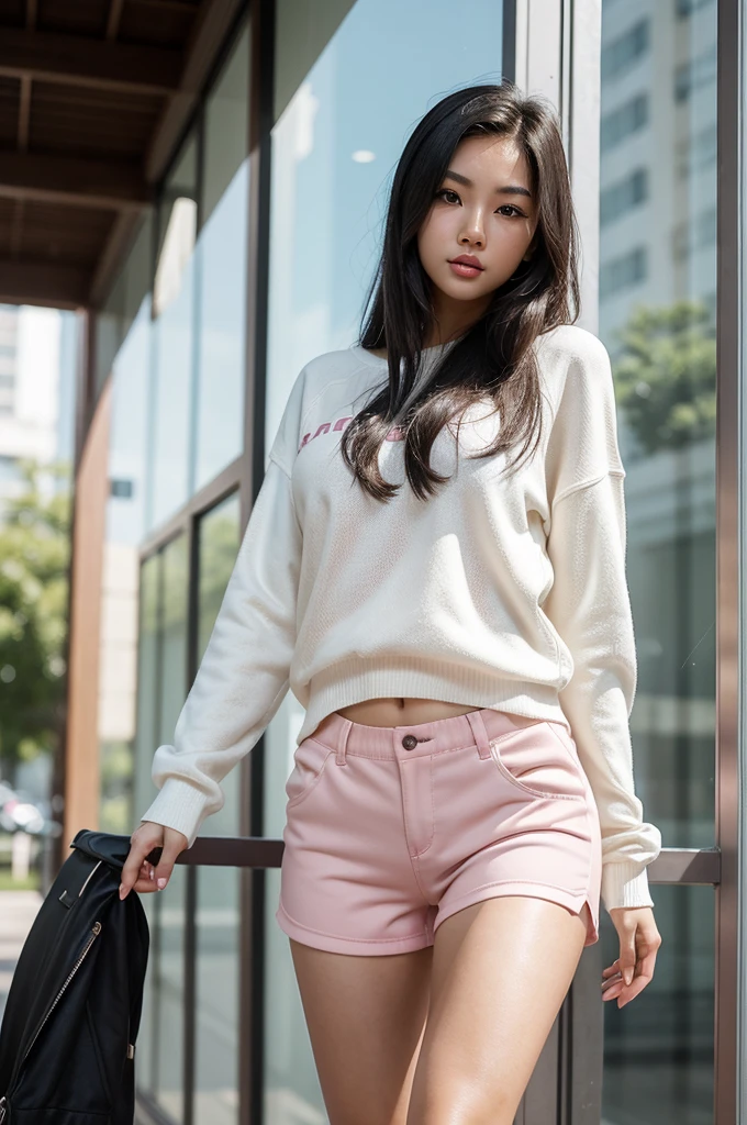 1woman, woman, asian woman, woman, hot woman, asian/Philippines model, beautiful, model, sport shorts, girly shorts, running shorts, casual woman shorts, sweater, cute female sweater, sweater, great figure, perfect proportions, black hair, long black hair, long beautiful black hair, white eyes, perfect beautiful white eyes, detailed white eyes, majestic woman great figure, asian/Philippines, asian woman, light pink lipstick, perfect face, cemeterial face, great body, beautiful body perfect face with white eyes black hair light pink lipstick asian/Philippines,casual clothes, sport shorts, girly shorts, running shorts, casual woman shorts, sweater, cute female sweater, sweater, asian woman, (Thick body, great figure) BREAK highly realistic, perfect image, realistic image, photorealistic, real image, real photo 8k image, high-resolution. [perfect hands, perfect legs, perfect proportions, perfect face, woman] asian woman, beautiful asian woman (white eyes, beautiful white eyes, detailed white eyes) *black hair* *white eyes* *sportshorts for woman* *oversized sweater*
