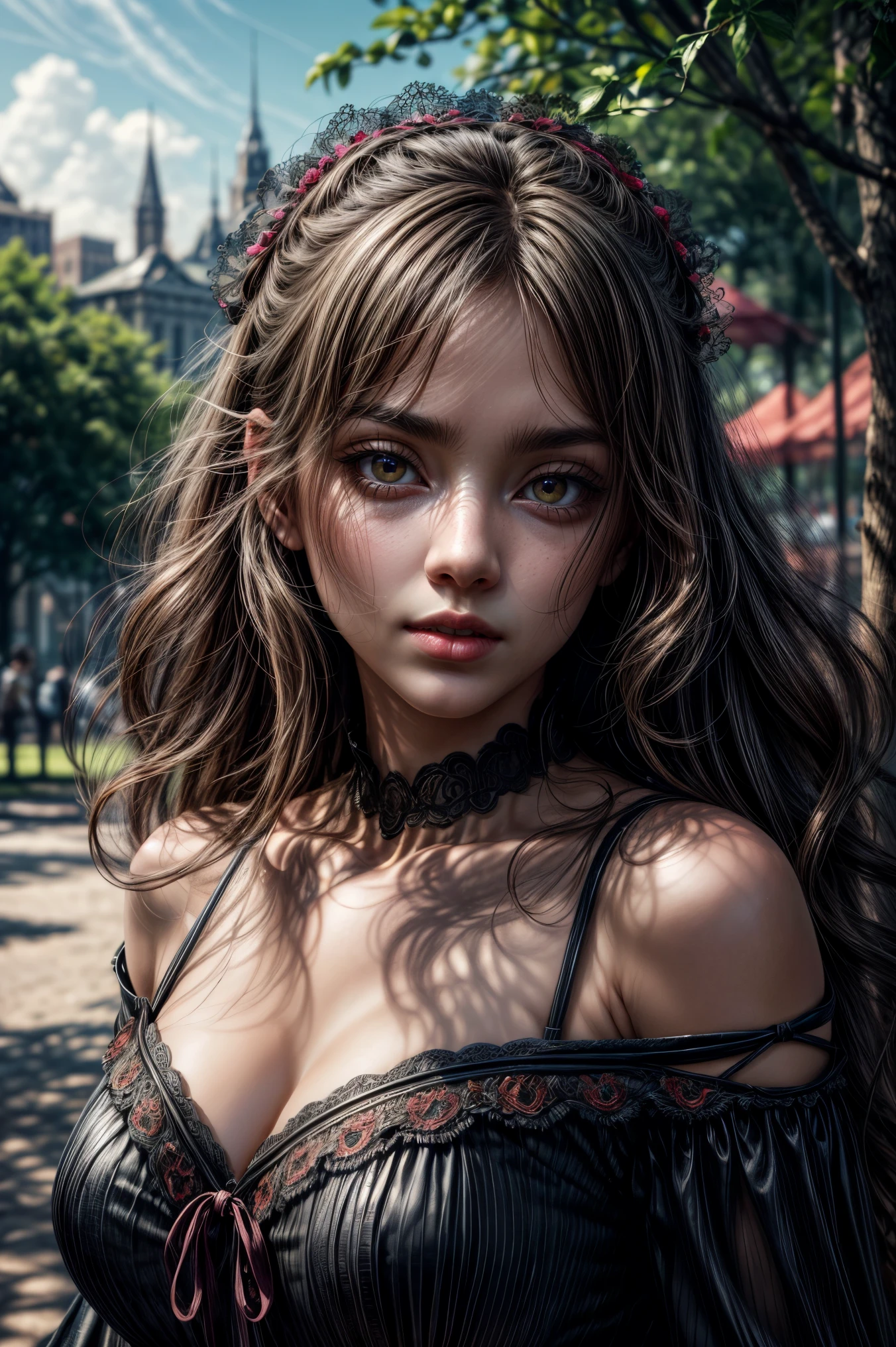 masterpiece, (photorealistic:1.4), lolita 1girl, best quality, super high res, off-shoulder,(((park date))), wind blow, outdoor, intimate, closeup, masterpiece, best quality, dynamic pose,aesthetic, beautiful face, face focus, closeup, 8k, RAW photo, photo-realistic, long, wavy hair, photorealistic, kawaii, cinematic lights, intricate details, highly detailed, fantasy, cinematic, natural colors