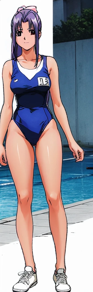 Momoko Koigakubo, a tall girl with beautiful legs and a good figure, is standing by the pool in a bright blue high-cut swimsuit with her legs spread to the sides and a smile on her face.。