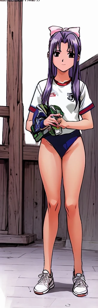 Momoko Koigakubo, a tall girl with beautiful legs and a good figure, is standing by the pool in a bright blue high-cut swimsuit with her legs spread to the sides and a smile on her face.。