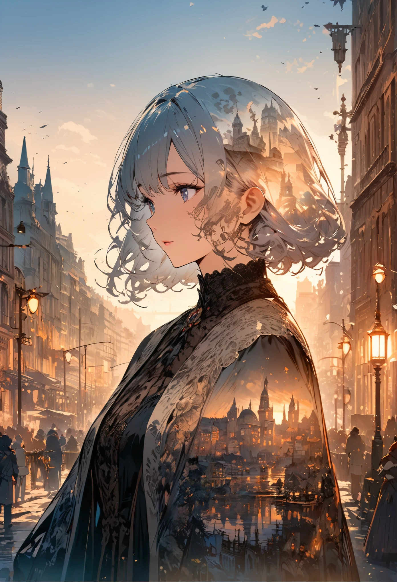 Double exposure of a beautiful and delicate lady(Face clear and perfect)Image,The backdrop is a hyper-detailed Victorian city perfect for, Beautifully, Intricate illustrations, art work concept art work masterpiece, best quality, Super detailed, HD