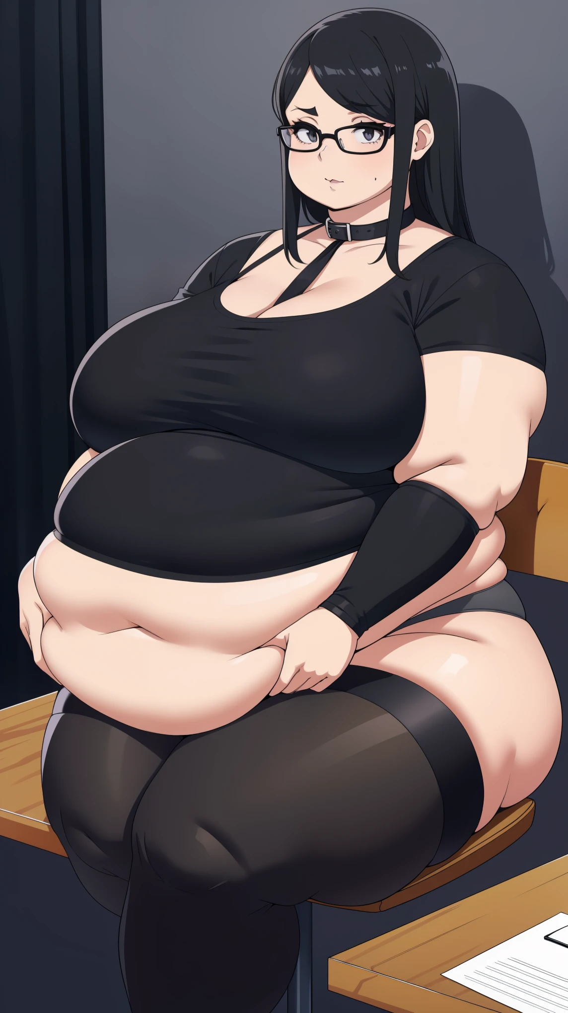 (Facing front:1.0), (Zoomed out:1.0), belly hanging between legs, Black hair, (pale skin:0.8), goth, 1girl, solo, sitting on chair, (legspread:1.0), dark makeup, goth girl, glasses, black lipstick, mole, straight black hair, panties, black panties, collar, tight black thigh highs, (massive sagging breasts:0.8), dominate goth girl, black top Round face, double chin, fat chin, fat cheeks, fat neck, round face, SSBBW, flabby arms, round face, double chin, fat double chin, big double chin, fat neck, chubby cheeks, fat thighs, fat calves, morbidly obese, flabby boobs, giant boobs, large belly, obese, fat face, belly, double chin, obesity, flabby breasts, fat arms and legs, fat everything,