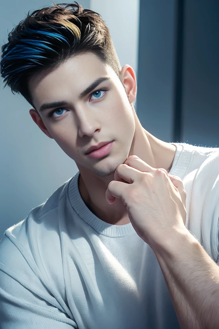 Ultra wide angle,((masterpiece)),((best quality)),8K,High Detail,Very detailed, 2 handsome muscular boys,Very manly,blue eyes,Fashionable short hair,Vivid male image, fashion pose, masculine expression,Real skin texture, ((Perfect hand details)),(Real and complete hand details),Light,
Royal blue style couple,White male model photos