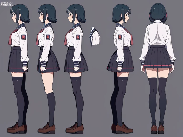 skirt, high school girl, Joshi kosei, , Multiple postures, colorful, Different angles, (front, return, ~ side), Character Sheet, Model Sheet, Reference Sheet.