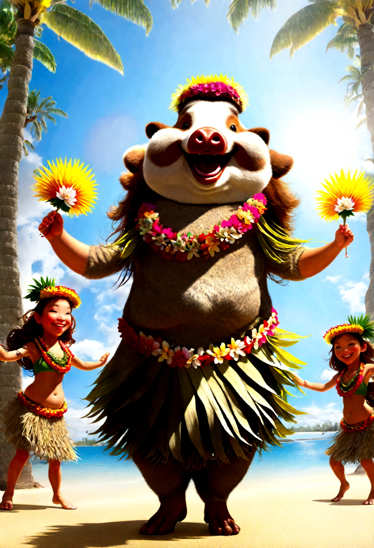 photorealistic portrait of Dressed animals - a ((fat)) pig hula dancer,(hula dancing:2.0), (swinging arms :2.0),(happy smile:1.2),high quality,(happy),(lovely) ,intricate details, (furry), highly detailed (( hula dancer's costume)) ,highly detailed decorations, wearing ((aloha shirt)) and flower lei , (happy), sunlight lighting,(full body image:1.5),beach background, palm tree(),