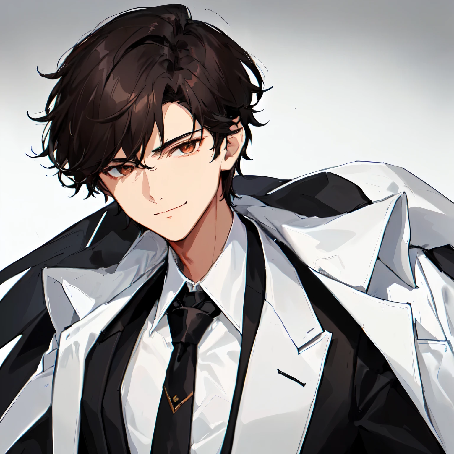 1boy, dark_brown_hair, face_framing_hair, white_overcoat, black_formal_shirt, white_necktie, lazy_eyes, smirking