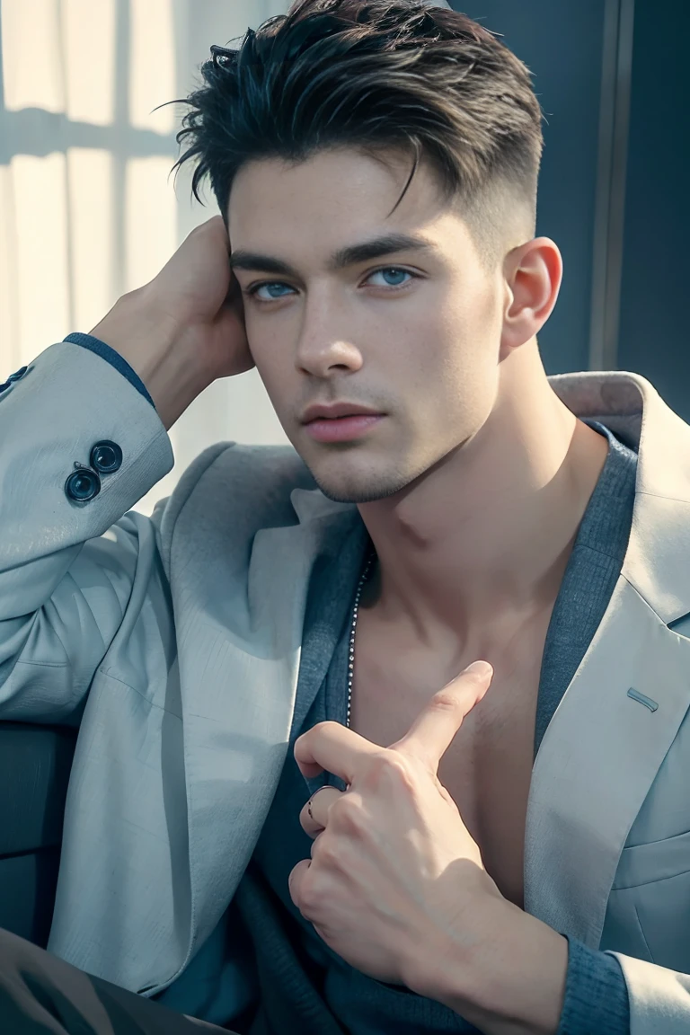 Ultra wide angle，((masterpiece)),((best quality)),8K,High Detail,Very detailed, 2 handsome muscular boys，Very manly，blue eyes，Fashionable short hair，Vivid male image, fashion pose, masculine expression，Real skin texture, ((Perfect hand details))，(Real and complete hand details)，Light,
Royal blue style couple，White male model photos