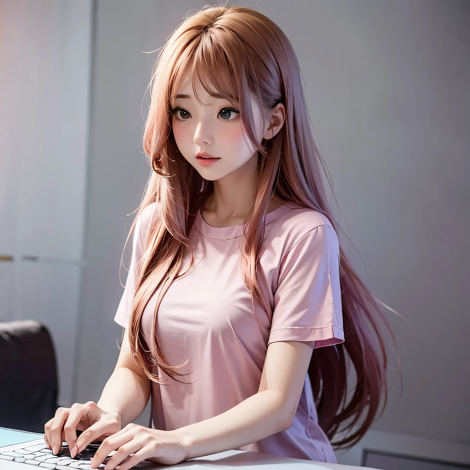 a cute girl with pink and long hair, wearing t-shirt, playing Wuthering Waves on her laptop, by style of onii kei, dreamy and romantic, light gray and light amber, jagged edges, light teal and light red, timeless beauty, 8k