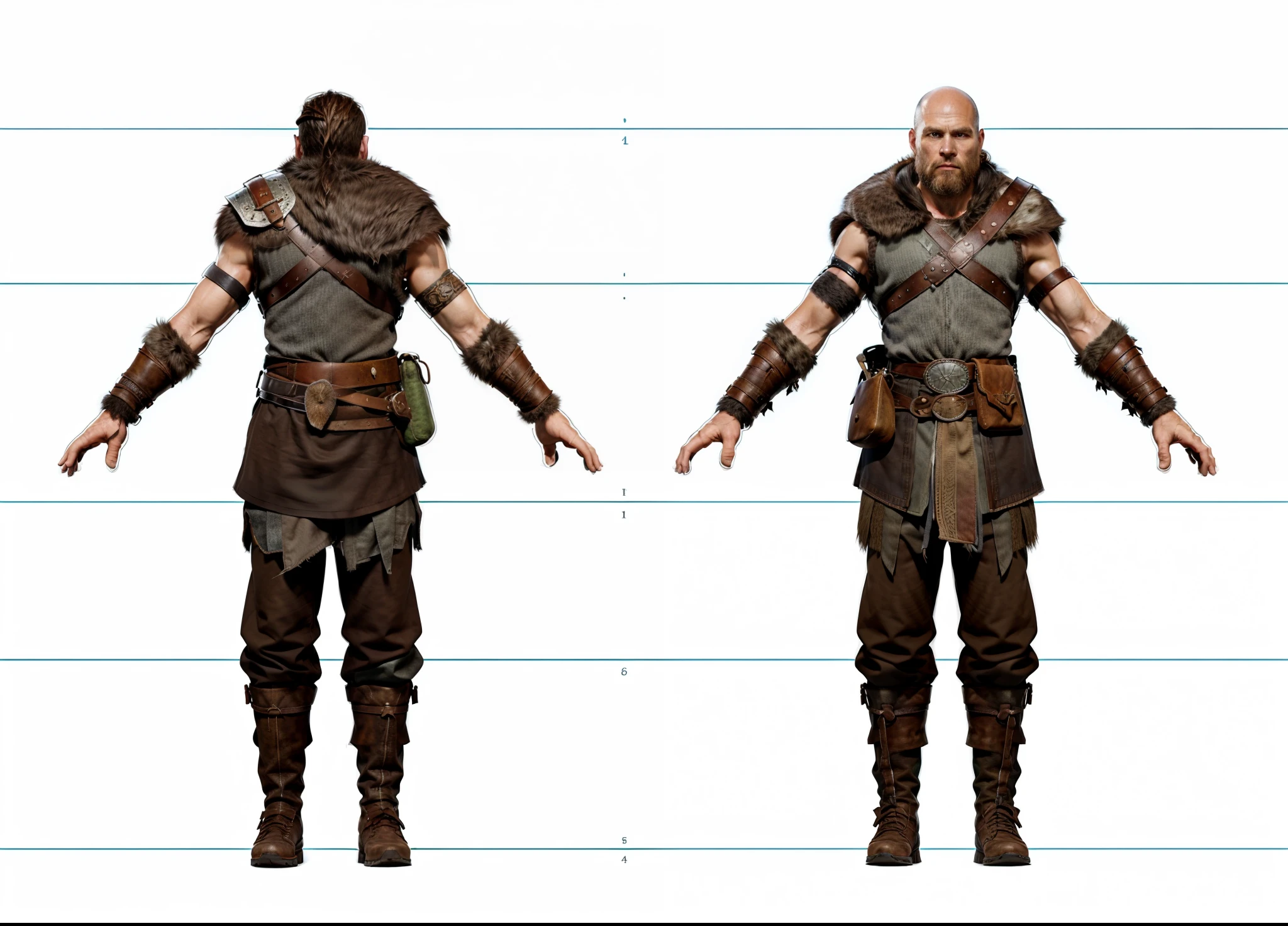 ( Realistic:1.33),(masterpiece:1.1),(highest quality:1.1),(HDR:1) a close up of a hunter villager with fur coat, medieval villager , wool cloth, full body concept, detailed full body concept, Viking ranger style, Viking protective, Portrait of a Viking, Viking warrior, Viking culture, Nordic warrior, Viking costume, Ancient Viking warrior, wearing Viking clothing, male Viking, with Machado, Nordic inspiration, Viking and barbarian aesthetics, full body character concept,costume concept design, full body details, detailed full body concept art, full character body, character model sheet turnaround, fullbody shot turnaround, concept character sheet, full body concept art, reference model sheet , full body concept art, RPG style character, game character design, 3d character reference sheet, video game character concept, detailed character design, character sheet, [ character model sheet turnaround ], front and back, ((front and back)), grey clean background, 3D character, leather belt, leather boots with rob, ((gambeson cloth)), leather belt on chest, (viking warrior), ((barbarian)),(((wide chest)), leather shoulder armor, (gambeson loincloth), ragged loincloth,((pouch on belt))
