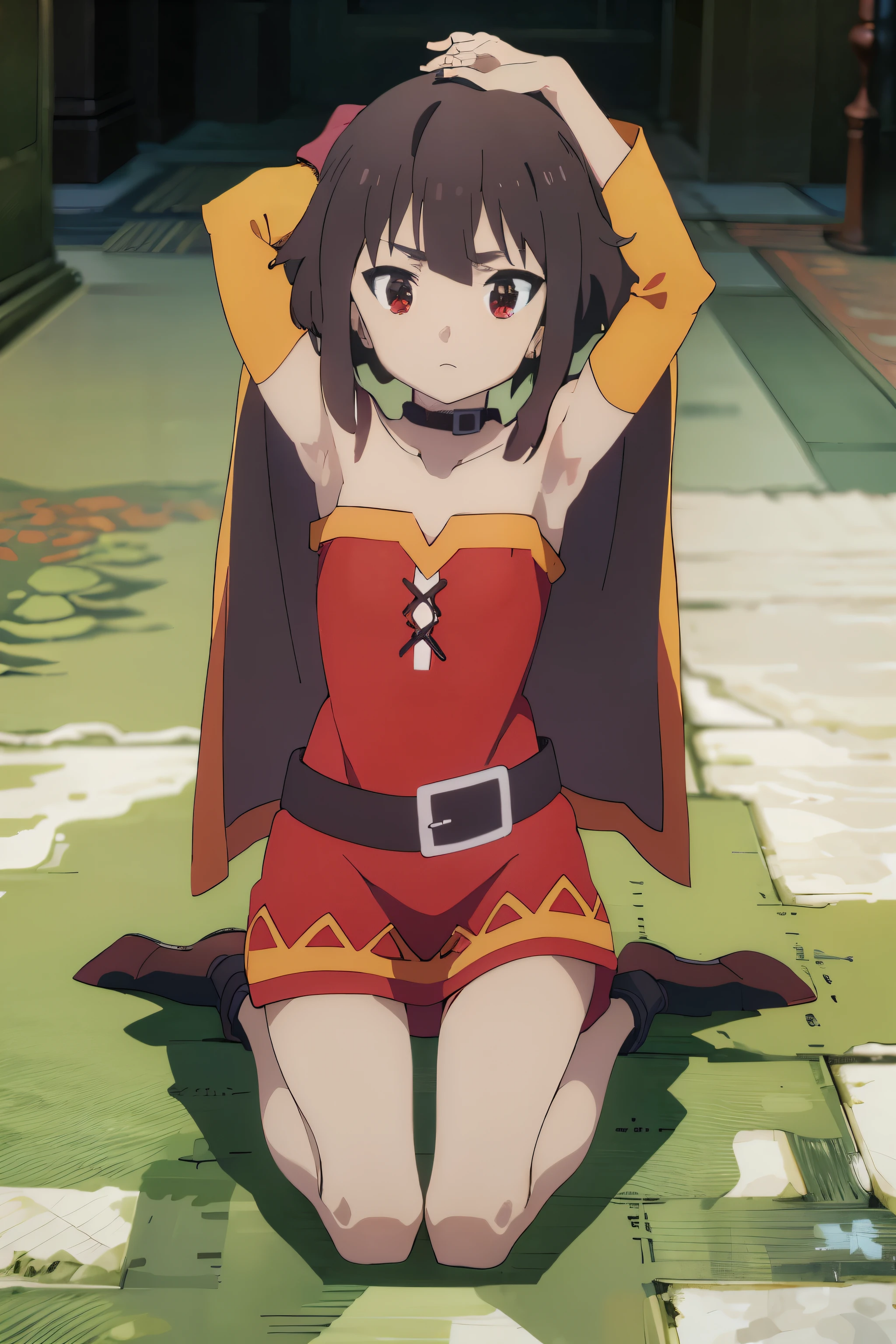 masterpiece, best quality, megumin.off shoulder-sweater. armpitpeek.armpit. flat. cute . young.cloth fell off. . kneeling. looking at viewer. grade school. flat.skinny