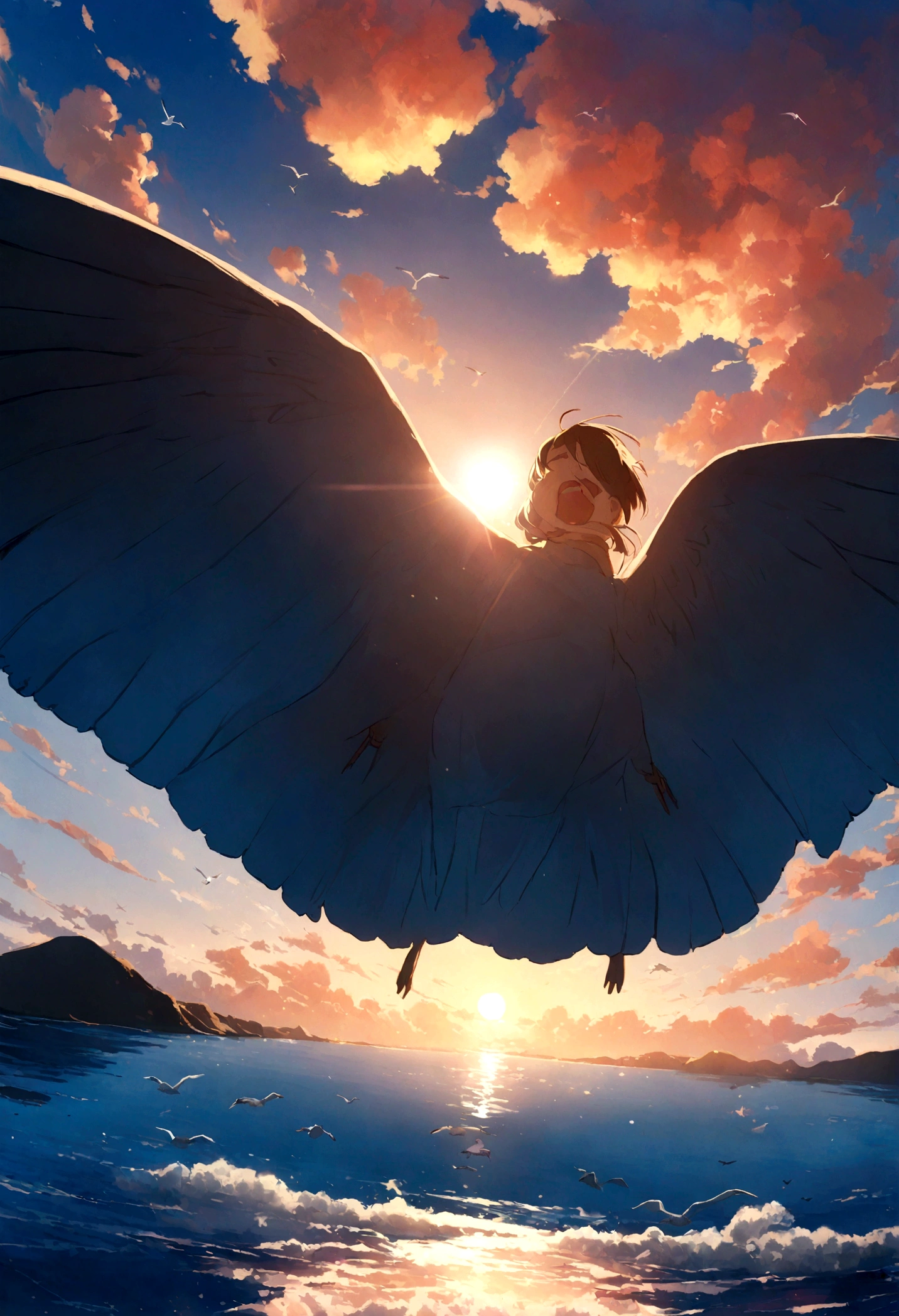 Master Parts, Bird&#39;s Eye View, highest quality, Movie stills, 1 tour , Seagull, Below is the blue sea and islands., girl, Miyazaki anime films, Ghibli anime, Clouds in the sky, blue sky, close, bright, Happy, Soft lighting and warmth, sunrise, (spark:0.7), Ultra Grande Angular, 8k, Super Detail, Accurate, highest quality