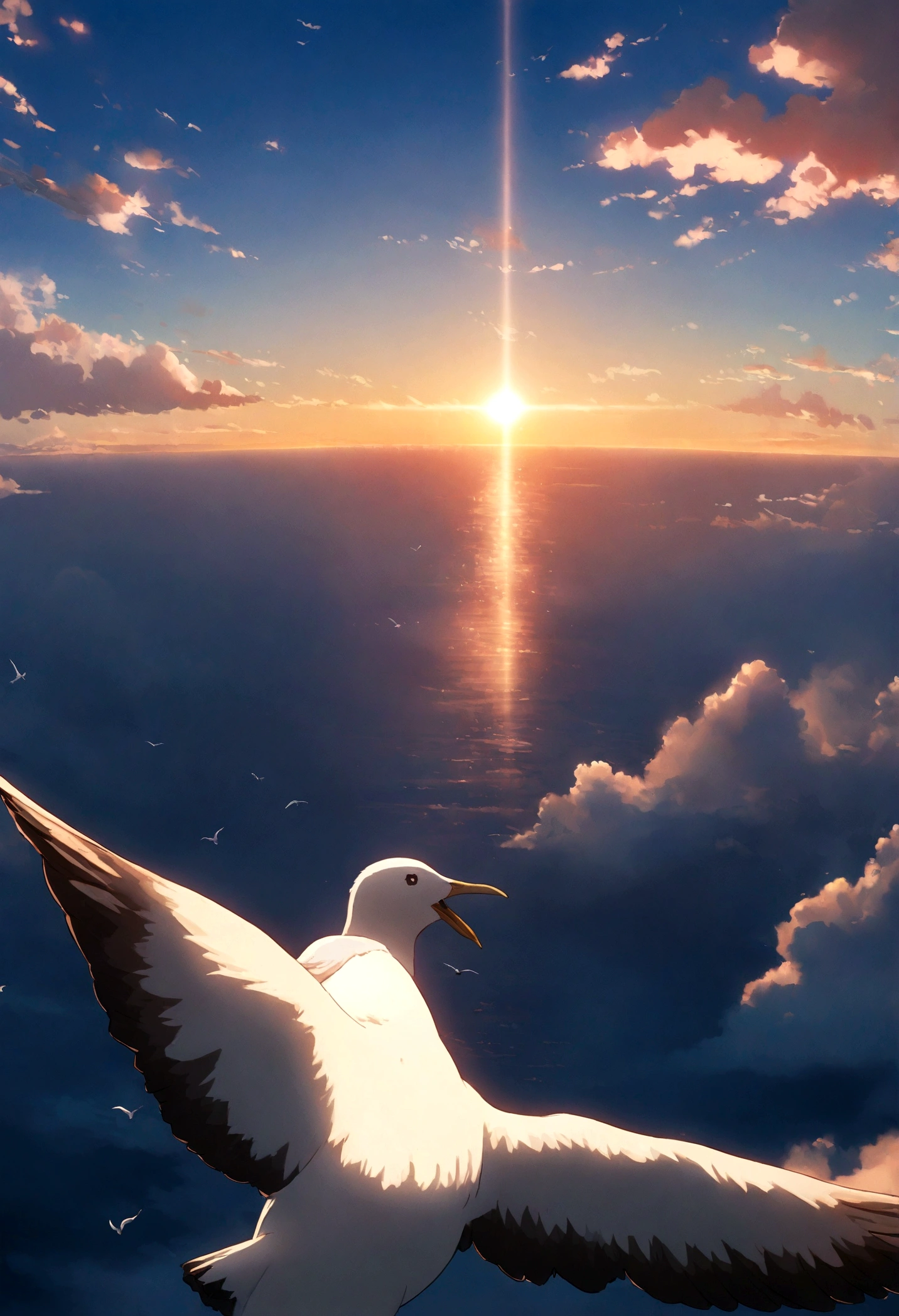 Master Parts, Bird's Eye View, highest quality, Movie stills, 1 tour , Seagull, Below is the blue sea and islands., girl, Miyazaki anime films, Ghibli anime, Clouds in the sky, blue sky, close, bright, Happy, Soft lighting and warmth, sunrise, (spark:0.7), Ultra Grande Angular, 8k, Super Detail, Accurate, highest quality