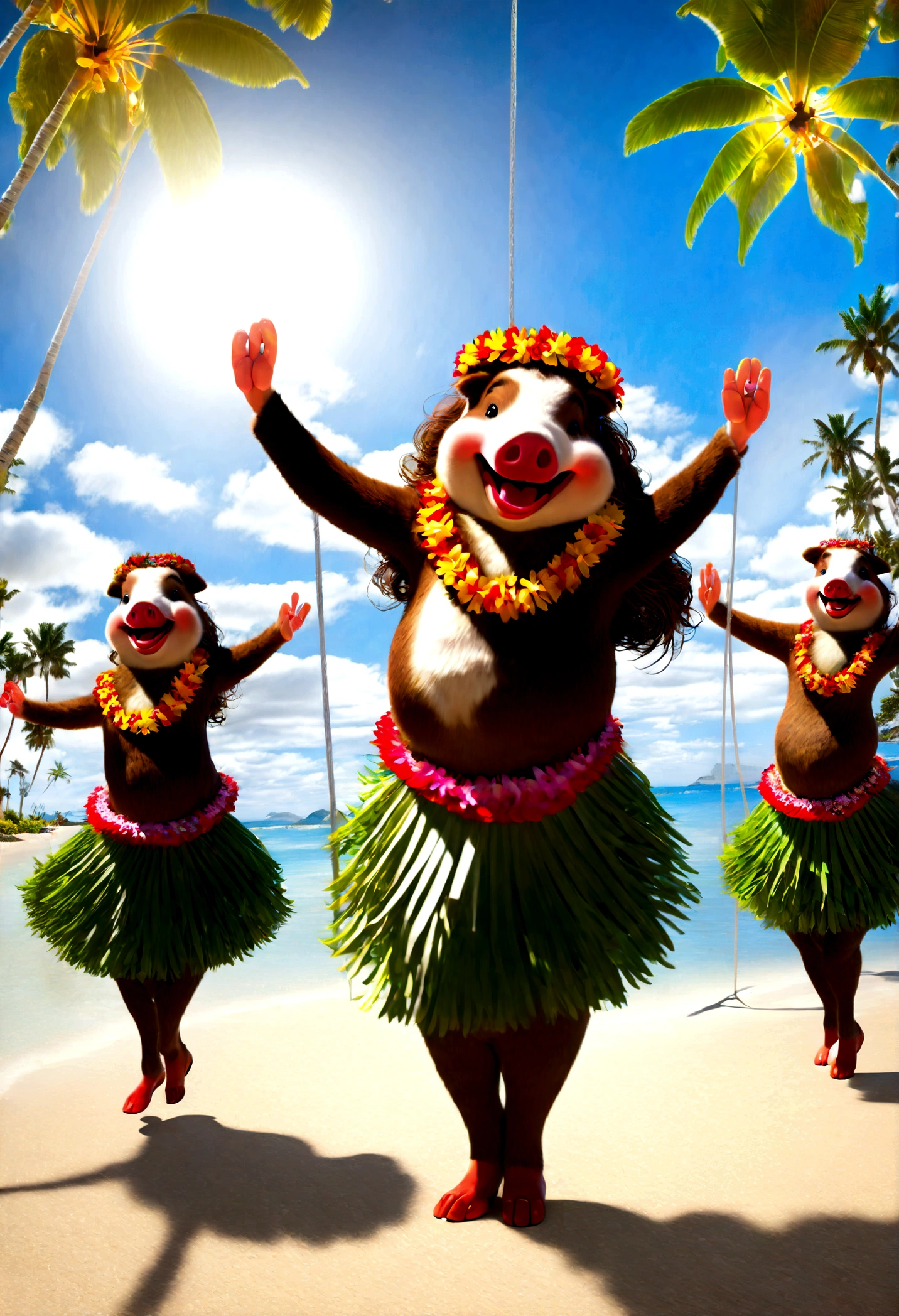 photorealistic portrait of Dressed animals - a ((fat)) pig hula dancer,(hula dancing:2.0), (swinging arms :2.0),(happy smile:1.2),high quality,(happy),(lovely) ,intricate details, (furry), highly detailed (( hula dancer's costume)) ,highly detailed decorations, wearing ((aloha shirt)) and flower lei , (happy), sunlight lighting,(full body image:1.5),beach background, palm tree(),
