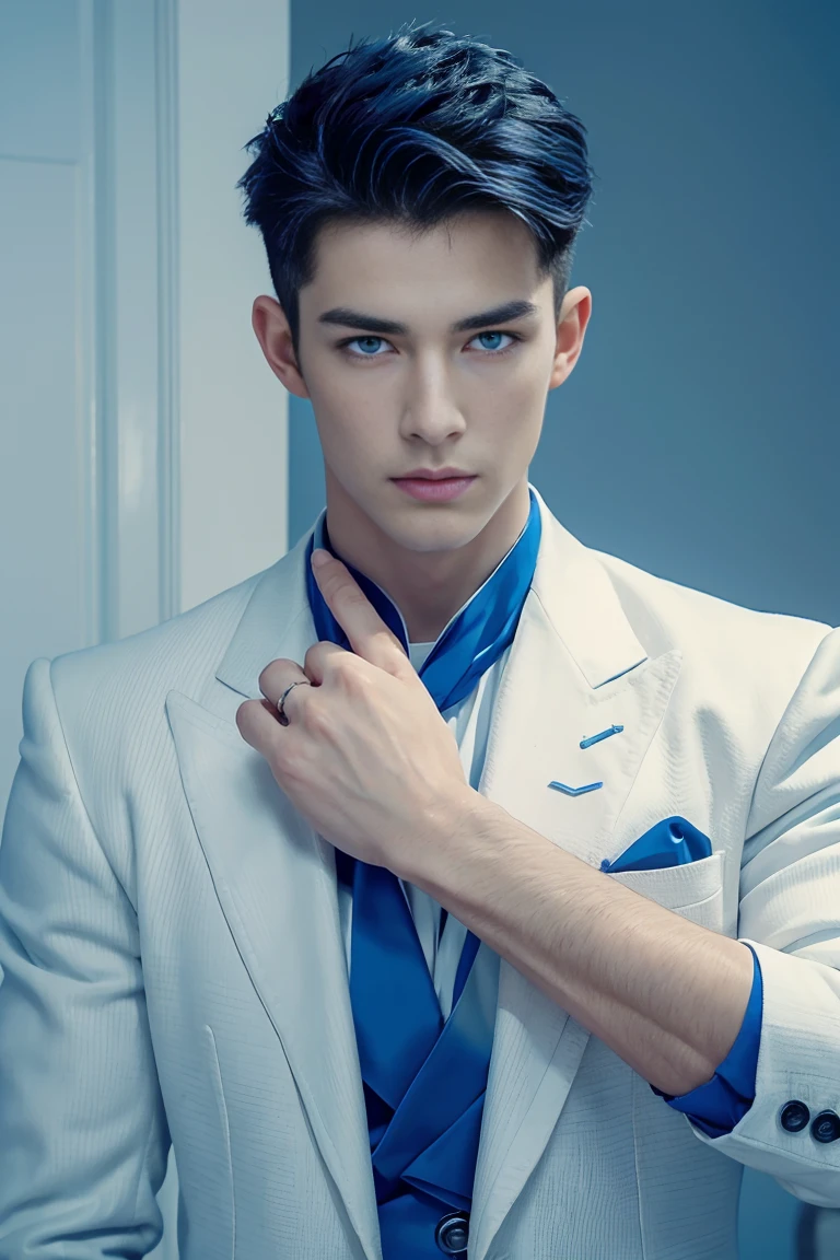 Ultra wide angle,((masterpiece)),((best quality)),8K,High Detail,Very detailed, 2 handsome muscular boys,Very manly,blue eyes,Fashionable short hair,Vivid male image, fashion pose, masculine expression,Real skin texture, ((Perfect hand details)),(Real and complete hand details),Light,
Royal blue style couple,White male model photos