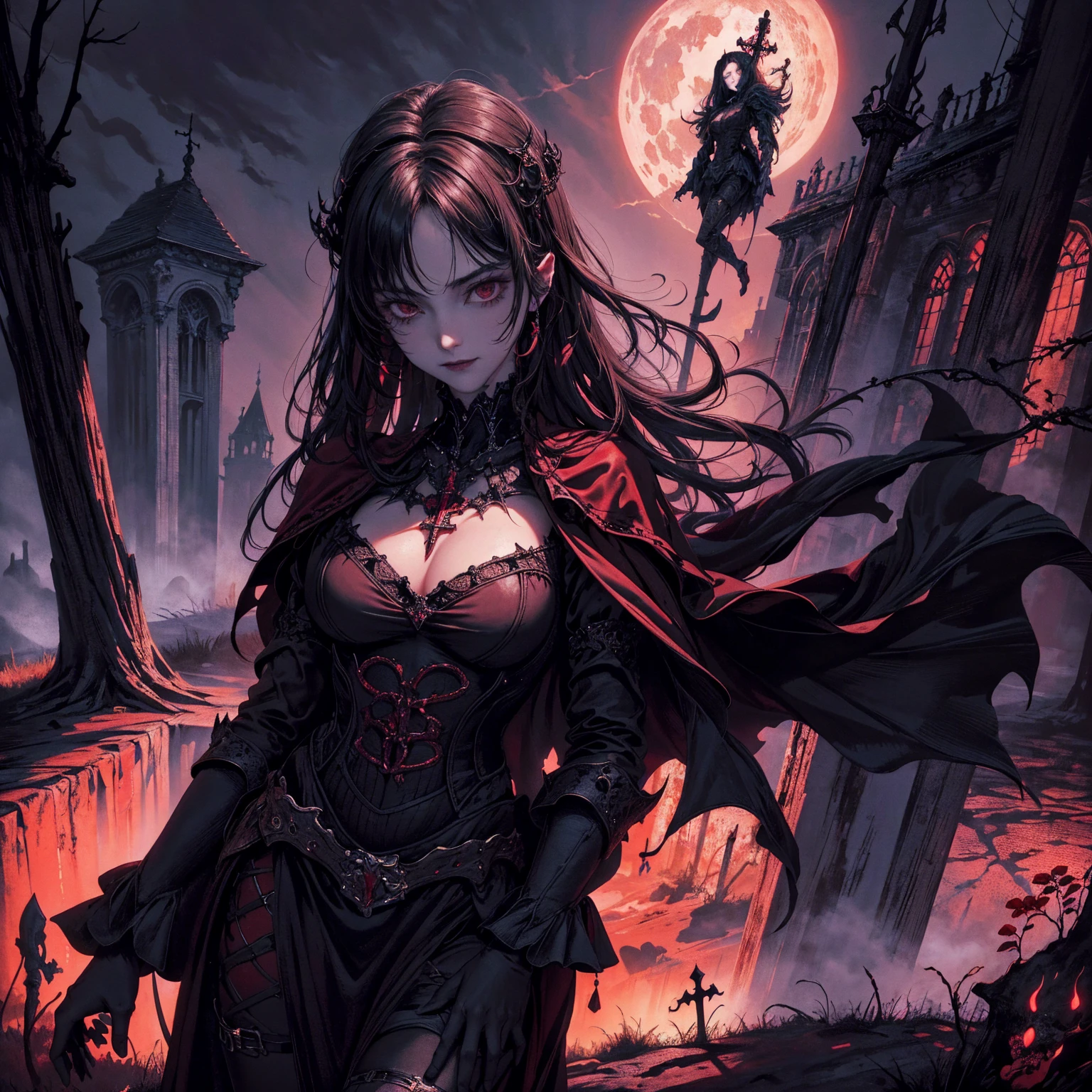 best quality, 4k, High resolution, masterpiece:1.2, Extremely detailed, Practical:1.37, Mood lighting, girl, Dangerous smile, Crucified, Pitch black sky, Red Moonlight, Weird atmosphere, Gothic style, Unforgettable beauty, Dramatic shadows, Ethereal Light, Mysterious atmosphere.