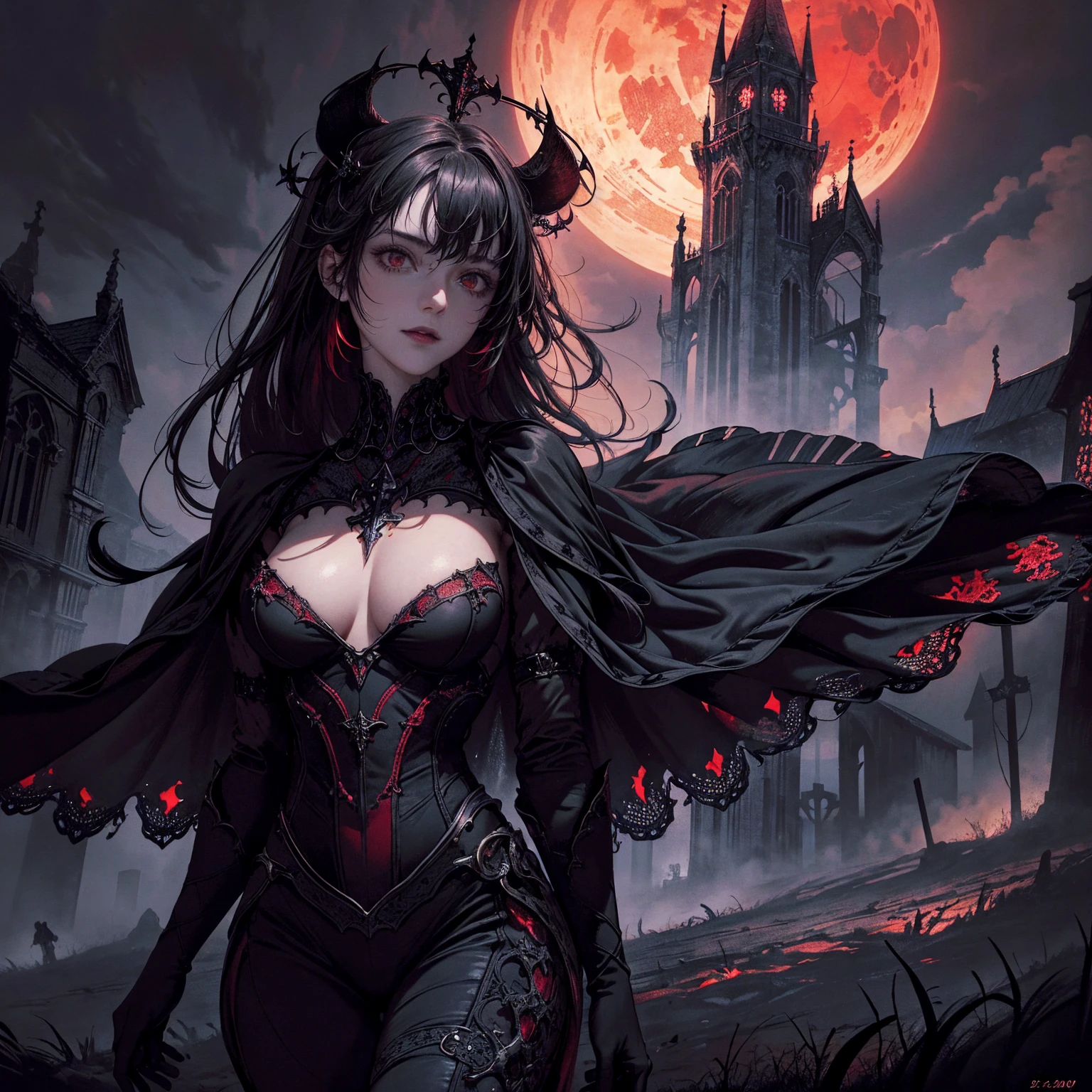 best quality, 4k, High resolution, masterpiece:1.2, Extremely detailed, Practical:1.37, Mood lighting, girl, Dangerous smile, Crucified, Pitch black sky, Red Moonlight, Weird atmosphere, Gothic style, Unforgettable beauty, Dramatic shadows, Ethereal Light, Mysterious atmosphere.