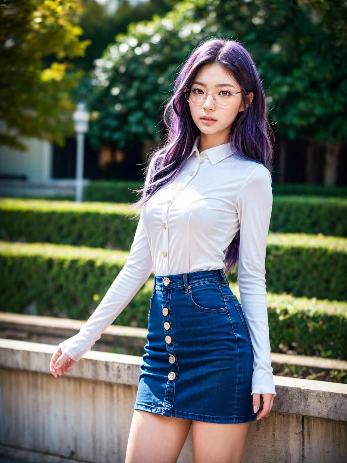 (1 lady), (Best quality at best:1.4), (ultra - detailed), (extremely detailed CG unified 16k), A Beautiful Woman with Perfect Figure: 1.4, Sharp Focus: 1.2, purple hair, very detailed, High-definition RAW color photo, professional photoshooting, amazing face and eyes, cosmetics, (standing), (amazingly beautiful girl), ((kotomi)), (exact clothes: (buttons white shirt, long sleeves), (azure tight skirt jean-type), formal, teacher outfit, glasses, (black combat boots with blue laces)), (looking cute, immerse in her own thoughts expression), (City park, extremely detailed background, realistic background, first date vibes), (frontal photo), realistic cinematic face, (head to feet long wide zoomed out view, full body long view, head to shoes), photorealistic, ((realistic natural purple hair style, purple eyes)), gorgeous, extremely beautiful face, pretty face, delicate girl, (attractive body, fit woman, big girl, athletic body, strong female), perfect model beauty, pout mouth, Highly Detailed Face and Skin Texture, Detailed Eyes, Double Eyelids, Medium size breasts, shy but motivated expression, (masterpiece), best quality, high resolution, extremely detailed, cinematic lighting, amazing legs, clear and well-cared skin, (milky pale skin, white skin like milk), official dior editorial, trending on pinterest, dreamy, aesthetic, ((style raw)), (head to toe photo)