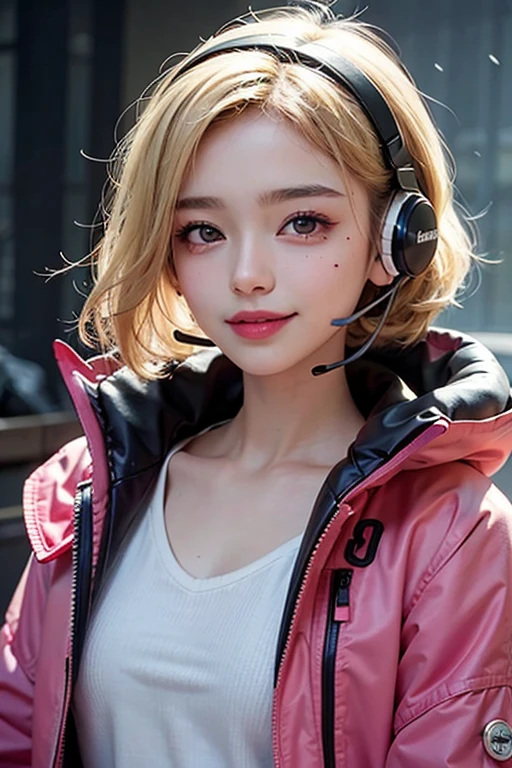 One girl,alone,Jacket,short hair,Blonde,Neon Light,Headphones,lips,headset,View Viewer,nose,Mole,Upper Body,Pink Jacket,cyber punk,music,music notation,dance,Happy,smile,blush,(Shine:1.2),Bright colors,Small face,Menhera makeup,K-POPアイドル,snow-white beautiful skin,Oil-based teak gloss,Small face美人