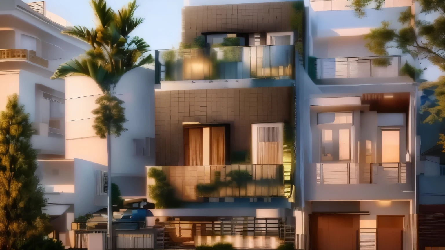 arafed view of a modern house with a car parked in front, exterior design, frontview, wide angle exterior 2022, front elevation view, 2 d cg, urban house, realistic architecture, inter dimensional villa, complete house, highly realistically detailed, precise architectural rendering, overall architectural design, mid-view, hq very detailed, an architectural