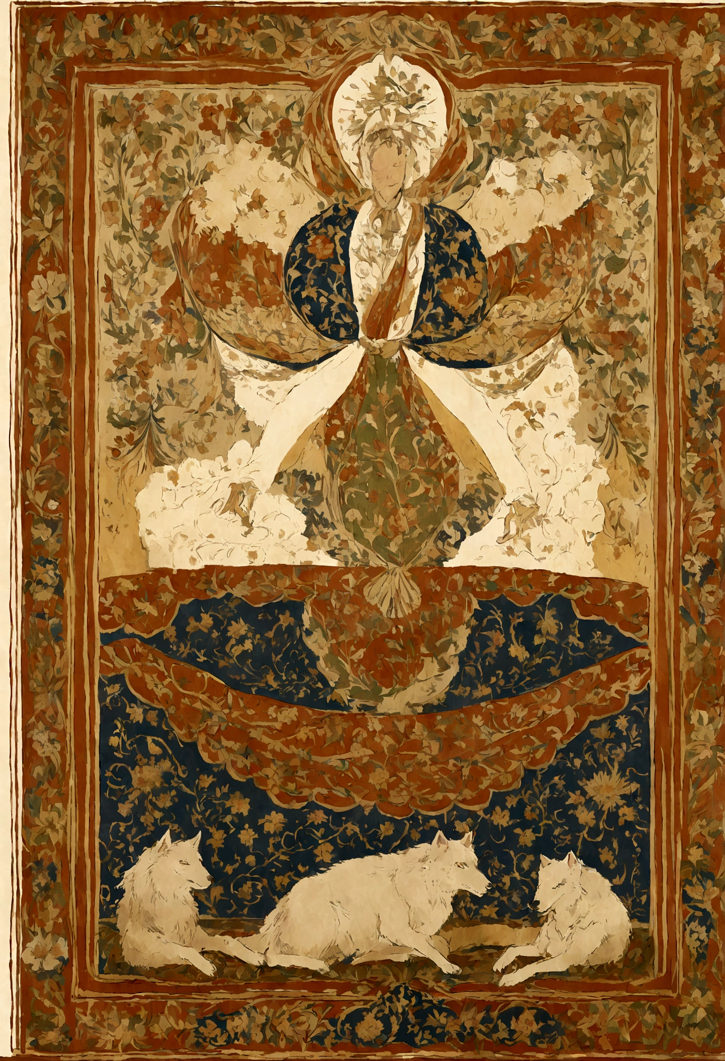 "An ornately woven carpet design featuring a central image of an anthropomorphic wolf standing at a lectern, speaking to an expansive audience of sheep that stretches into the intricate patterns of the carpet. Above the scene, in elegant script, are the words 'Once elected, I will be vegetarian!!' The scene is woven with rich, warm colors and floral motifs, suggesting a humorous or satirical commentary on politics"