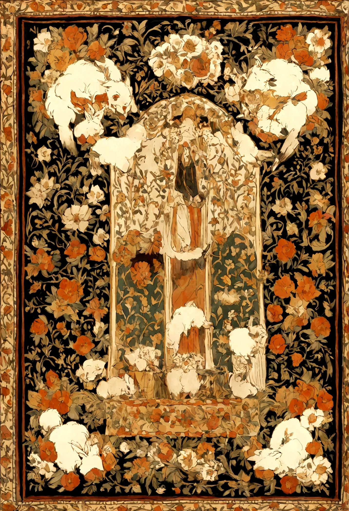 "An ornately woven carpet design featuring a central image of an anthropomorphic wolf standing at a lectern, speaking to an expansive audience of sheep that stretches into the intricate patterns of the carpet. Above the scene, in elegant script, are the words 'Once elected, I will be vegetarian!!' The scene is woven with rich, warm colors and floral motifs, suggesting a humorous or satirical commentary on politics"