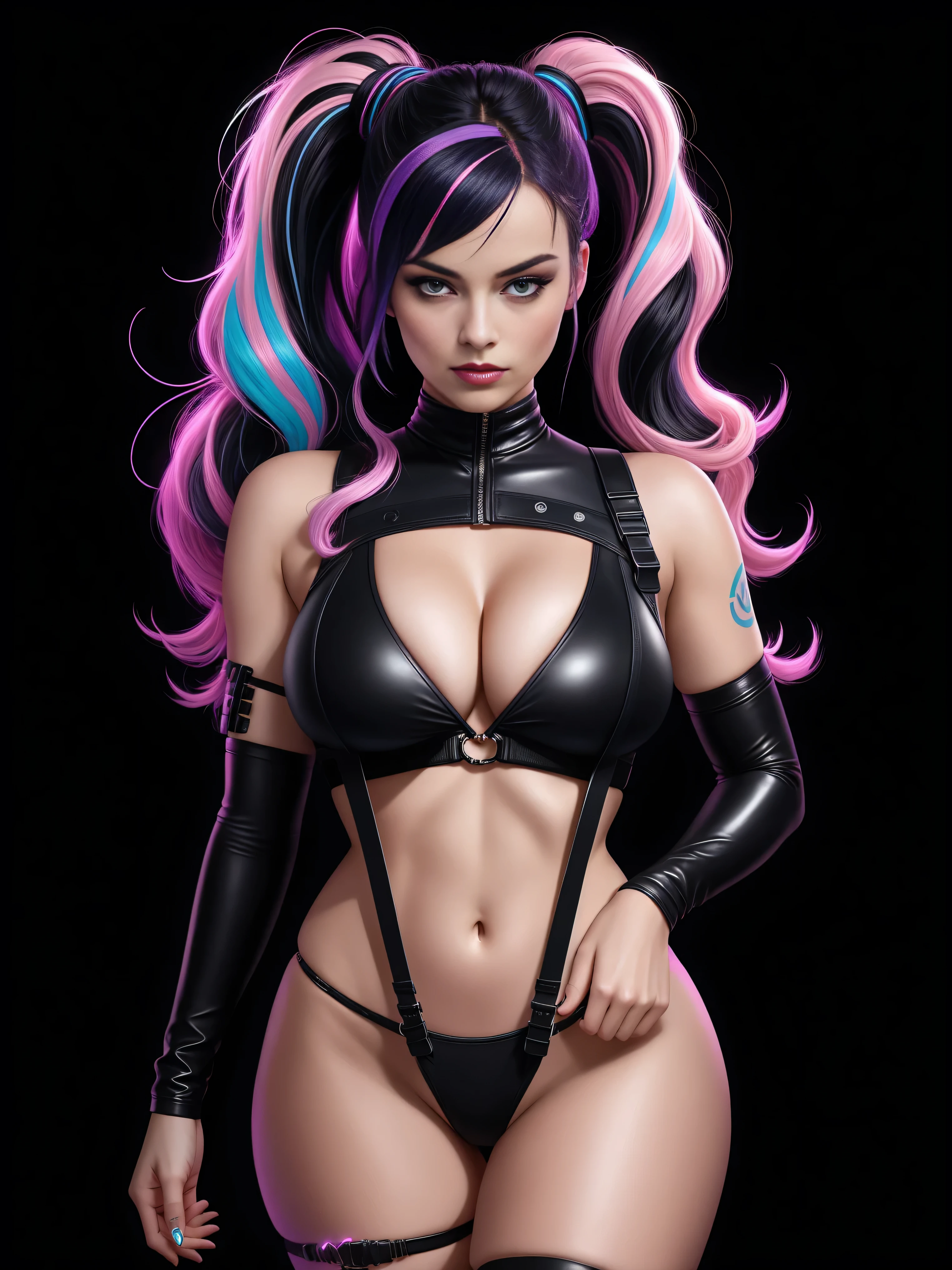 there is Margot Robbie, navy blue and bright purple neon streaked hair, hair in pony tail, 3 d neon art of a womans body, neon-noir background, cyberpunk femme fatale, seductive cyberpunk dark fantasy, cyberpunk strip clubs, cyberpunk 20 y. o model girl, oppai cyberpunk, banner, high definition cgsociety, cgsociety masterpiece, trending on cgstation, kda, random hair, looking at camera, gigantic breasts, cleavage, (high detailed skin:1.2), 8k uhd, dslr, super lighting, high quality, film grain, high res, highly detailed, hyper realistic, beautiful face, beautiful body, beautiful eyes nose lips, alluring expression, very bold, upper visible, full body photo, standing legs apart, pale translucent glowing skin, most beautiful face, cute, (well defined pubic hair:1.2)), (dark plain black background:1.4))