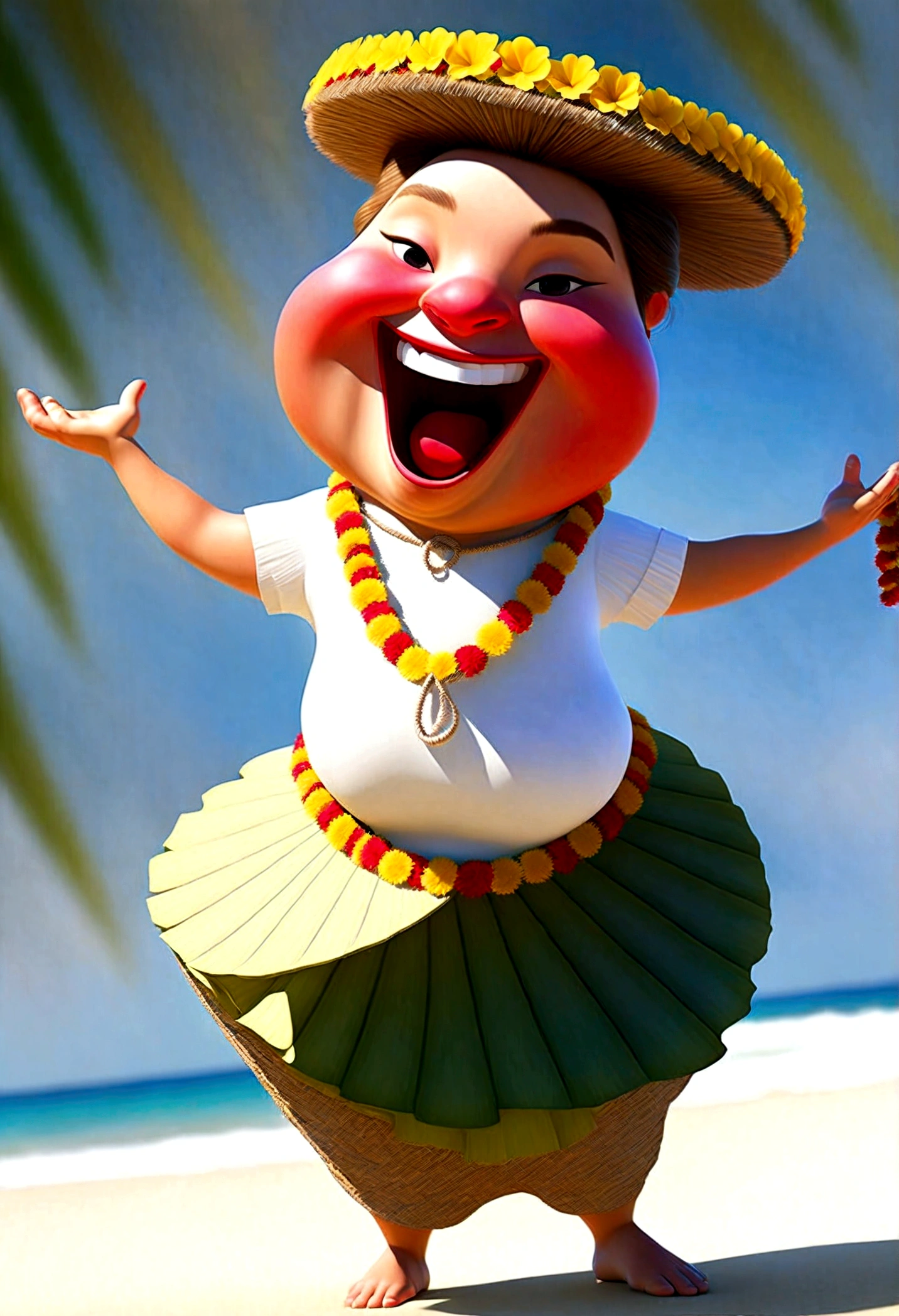 photorealistic portrait of Dressed animals - a ((fat)) pig hula dancer,(hula dancing:2.0), (swinging arms :2.0),(happy smile:1.2),high quality,(happy),(lovely) ,intricate details, (furry), highly detailed (( hula dancer's costume)) ,highly detailed decorations, wearing ((aloha shirt)) and flower lei , (happy), sunlight lighting,(full body image:1.5),beach background, palm tree(),
