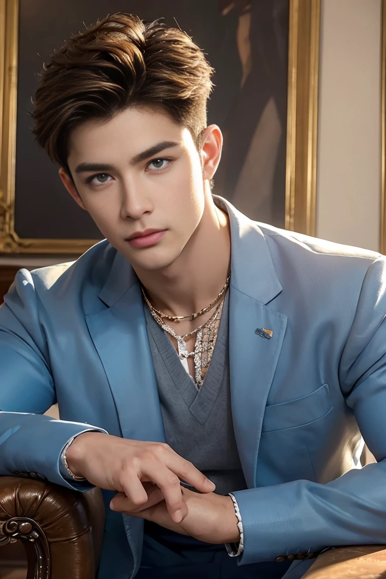 Ultra wide angle,((masterpiece)),((best quality)),8K,High Detail,Very detailed, 2 handsome muscular boys,Very manly,golden brown eyes,Fashionable short hair,Vivid male image, fashion pose, masculine expression,Real skin texture, ((Perfect hand details)),((Real and complete hand details)),Light,
Royal blue style couple,White male model photos
