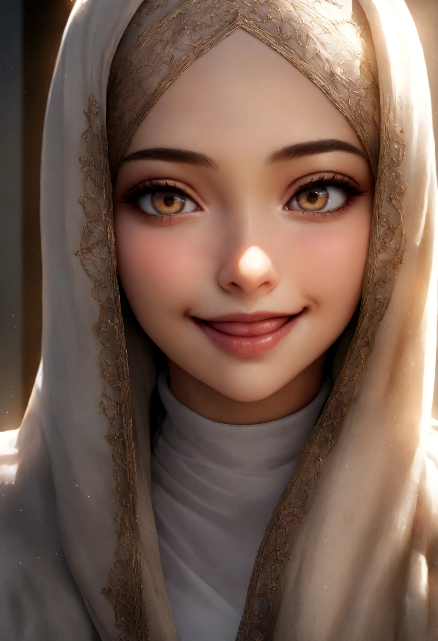 RAW, Best quality, high resolution, realistic Ultra HD, 1 beautiful russian girl in full hijab, 20 years old, perfect fit body, Soft smile,smile expression very excited,thick thighs,muslim close up of a woman, wearing elegant casual clothes, modern hijab ,beautiful hijab women smile expression very excited