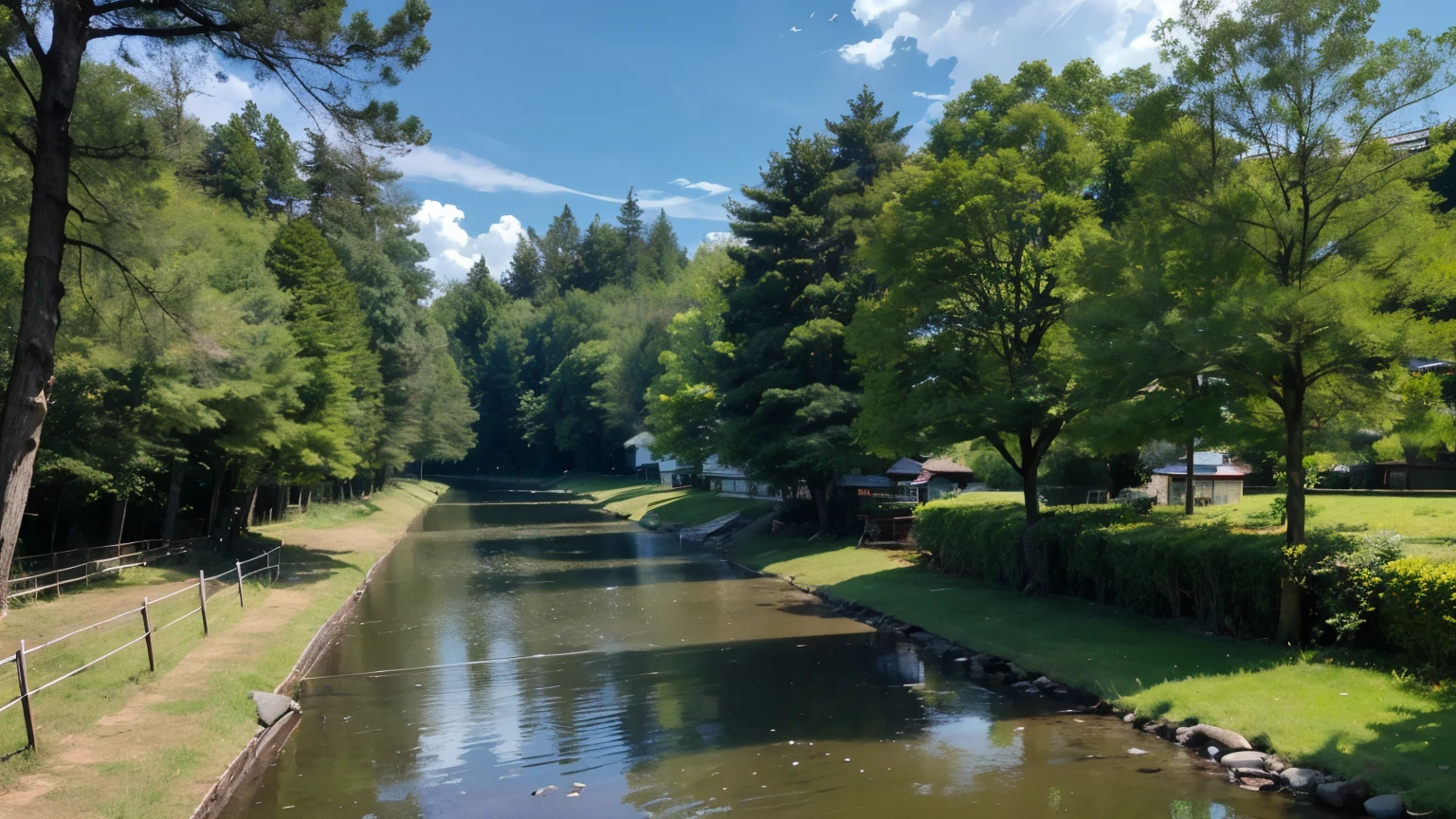 riverside、Water flows from left to right,There are few trees,endless grass、In front is water、There is grass behind