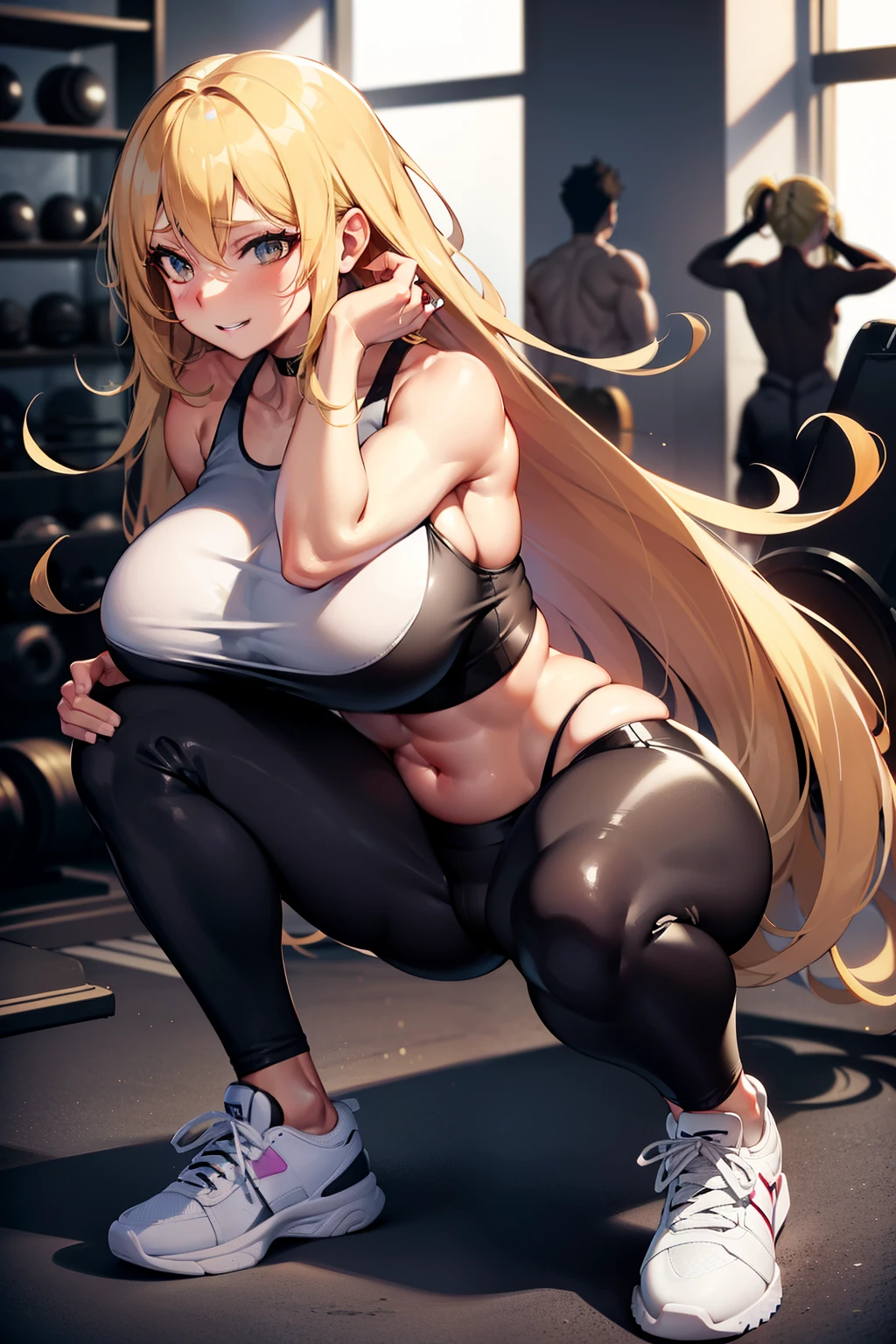 Best quality, massive breasts,very curvy, long blonde hair , long blonde hair,  brown eyes slutty, gyaru, full lips, seductive, smiling, gym, workout, exercise, blonde , blonde hair, black clothes, yoga pants, big white sneakers, gym, darkskin, tan, grey pants, grey yoga pant,exercise, exercising,  , gym, inside the gym, ultra clean, ultra hd, blonde hair, black striped clothes, black stripes, black pants , best quality, , white sneakers, big white sneakers, 