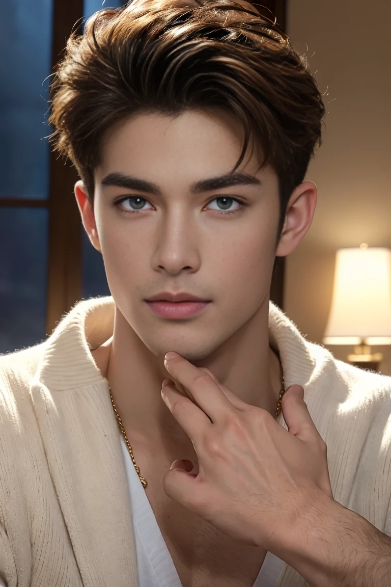 Ultra wide angle,((masterpiece)),((best quality)),8K,High Detail,Very detailed, 2 handsome muscular boys,Very manly,golden brown eyes,Fashionable short hair,Vivid male image, fashion pose, masculine expression,Real skin texture, ((Perfect hand details)),((Real and complete hand details)),Light,
Royal blue style couple,White male model photos