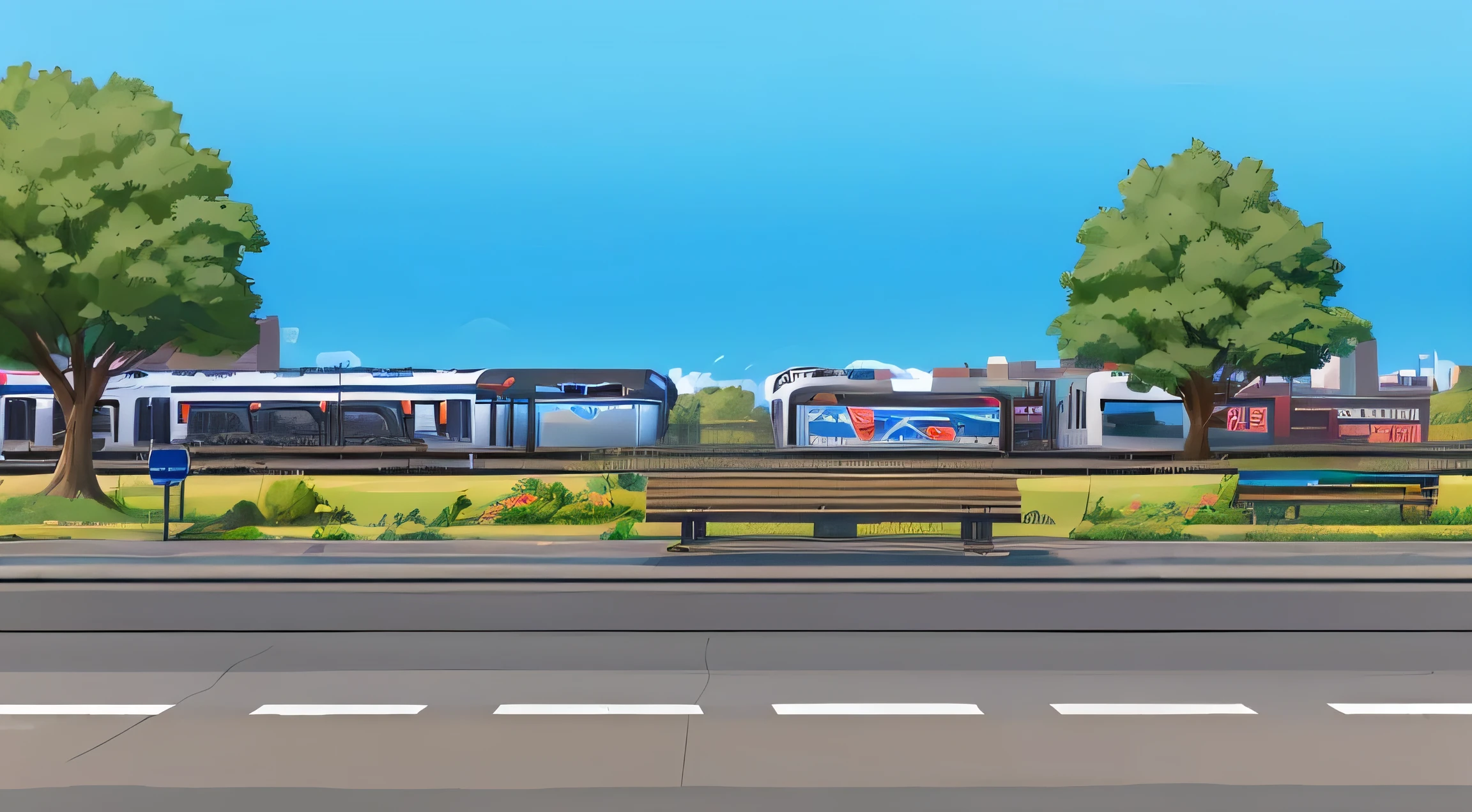There is a bench next to the street, train station background, City street background, Downtown Background, Train in the background, Business Illustration, Detailed 2D illustrations, Ultra-detailed scenes, monorail station, train station in summer, Street background, Modern city street, Town Background, Realistic establishing shots, Mobile game background