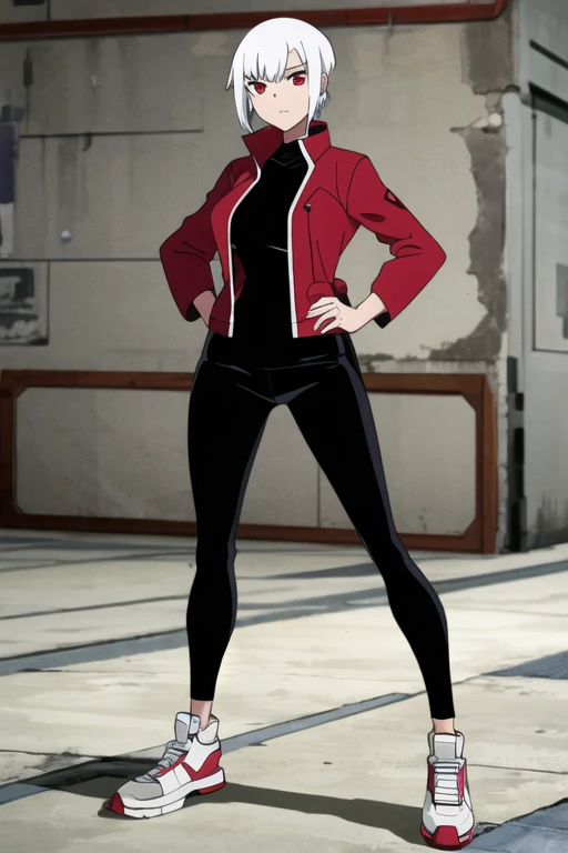 benuaf, 1girl, white hair, black pants, red jacket, red eyes, tomboy, short hair,big tits