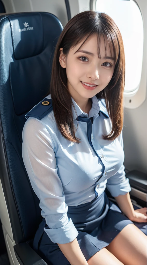 (8K, best quality, masterpiece:1.2), (realistic, photo-realistic:1.37), (high color saturation:1.0), (highly detailed skin), (highest quality:1.0), (ultra high resolution:1.0) ,(realistic:1.0), (Super detailed:1.0), (8K, Raw photo:1.1)、standing random pose, smiling, natural breast, perfect lighting, 22years old, (mysterious), clear and detailed, ((ANA_Cabin Crew, blue flight attendant_uniform)), black pantyhose, (aircraft, aircraft seats), cute face, sitting, (I can see the panties from skirt),