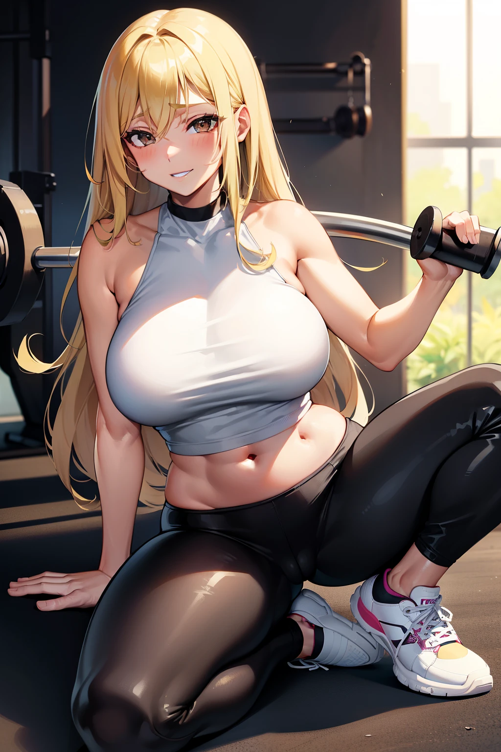 Best quality, massive breasts,very curvy, long blonde hair , long blonde hair,  brown eyes slutty, gyaru, full lips, seductive, smiling, gym, workout, exercise, blonde , blonde hair, black clothes, yoga pants, big white sneakers, gym, darkskin, tan, grey pants, grey yoga pant,exercise, exercising,  , gym, inside the gym, ultra clean, ultra hd, blonde hair, black striped clothes, black stripes, black pants , best quality, , white sneakers, big white sneakers, 