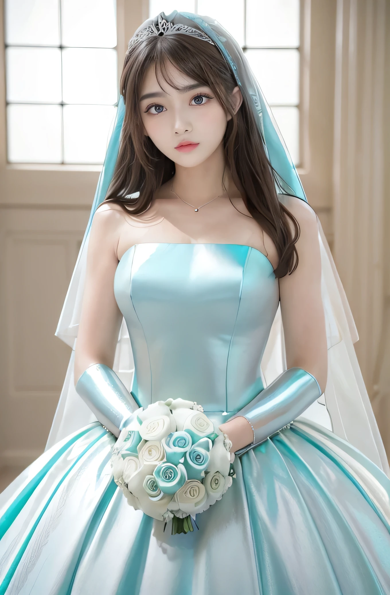 Angelic Very beautiful cute girl,
15 yo,
Beautiful detailed eyes,
Detailed double eyelids,
(Large eyes:1.4),
Long straight brown hair,
see-through bangs,
Sharp Focus,
small straight nose,
beautiful detailed face and eyes,
drooping eyes,
(Soft Saturation: 1.2),
(Fair skin: 1.1),
BREAK (hyper gorgeous and very beautiful shiny metallic turquoise wedding dress :1.5),(designer brand wacky beautiful dress:1.3),
Costume lighting,(body shot:1.2),standing ,church ,very beautiful stained glass window ,
Costume lighting,(clear-eyed:1.3)