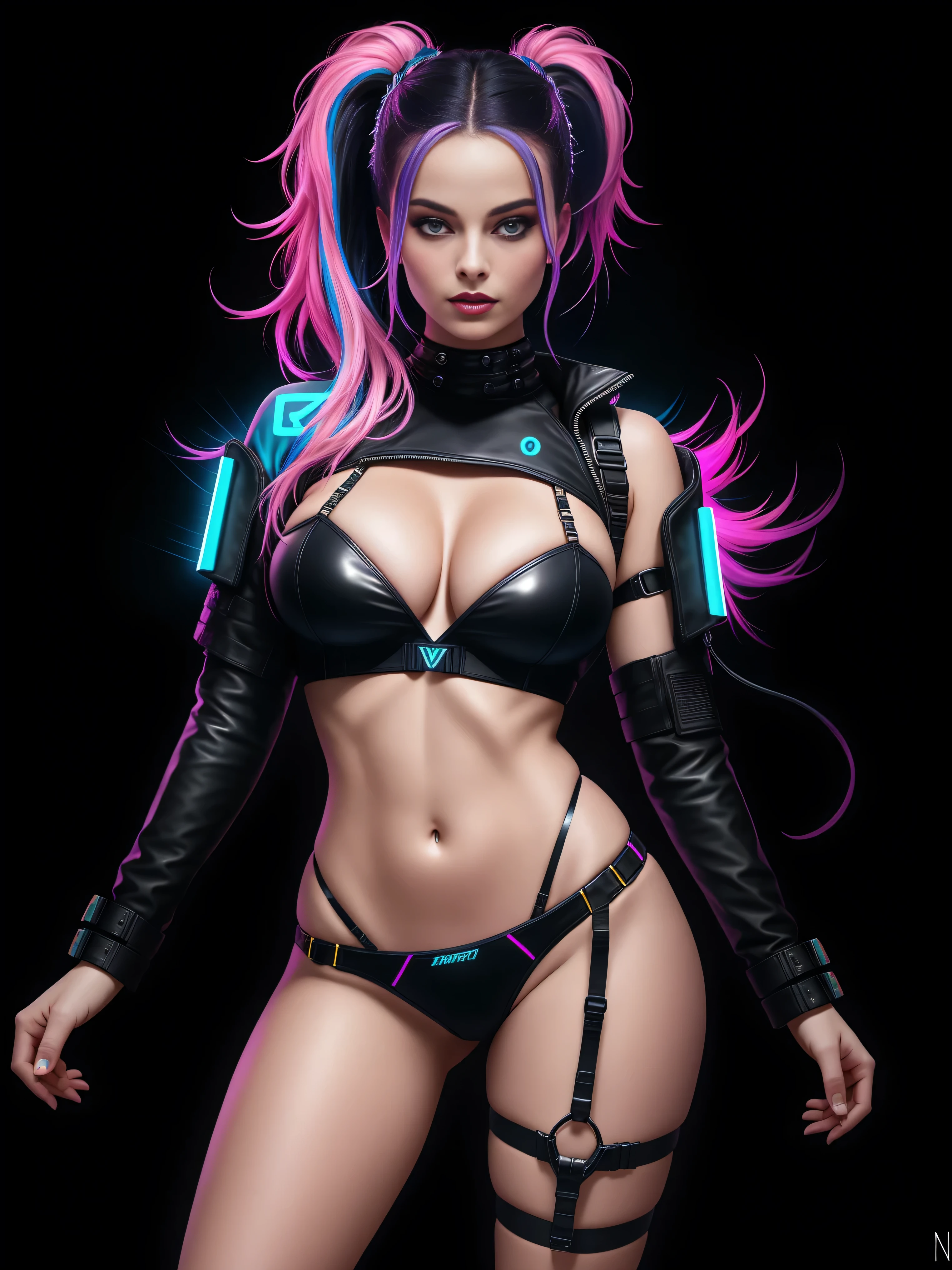 there is Margot Robbie, navy blue and bright purple neon streaked hair, hair in pony tail, 3 d neon art of a womans body, neon-noir background, cyberpunk femme fatale, seductive cyberpunk dark fantasy, cyberpunk strip clubs, cyberpunk 20 y. o model girl, oppai cyberpunk, banner, high definition cgsociety, cgsociety masterpiece, trending on cgstation, kda, random hair, looking at camera, gigantic breasts, cleavage, (high detailed skin:1.2), 8k uhd, dslr, super lighting, high quality, film grain, high res, highly detailed, hyper realistic, beautiful face, beautiful body, beautiful eyes nose lips, alluring expression, very bold, upper visible, full body photo, standing legs apart, pale translucent glowing skin, most beautiful face, cute, (well defined pubic hair:1.2)), (dark plain black background:1.4))